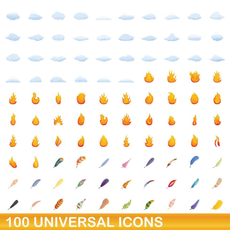 100 universal icons set, cartoon style vector