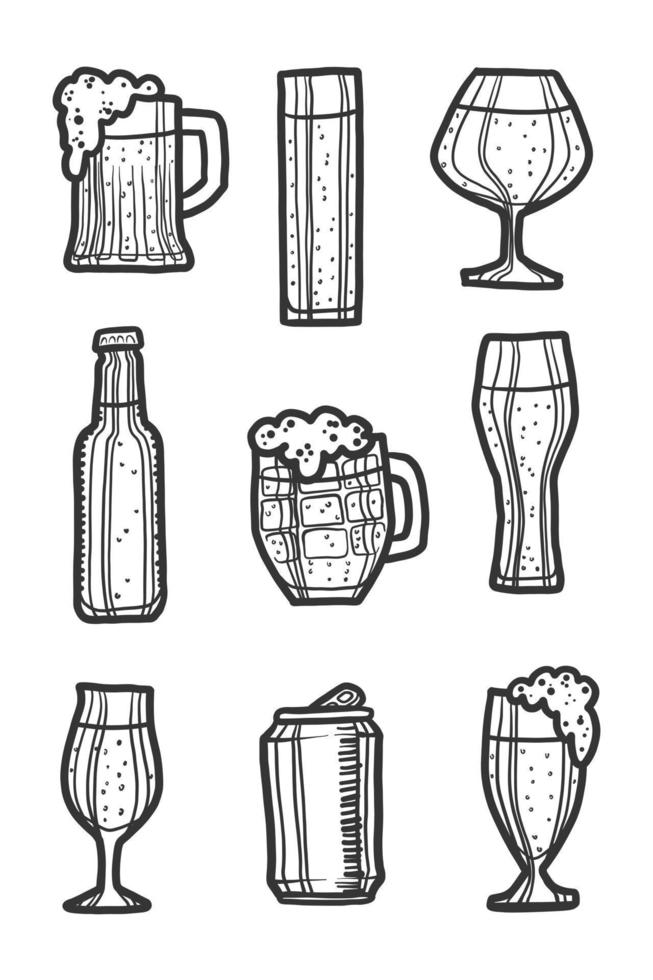 Beer icon set, hand drawn style vector