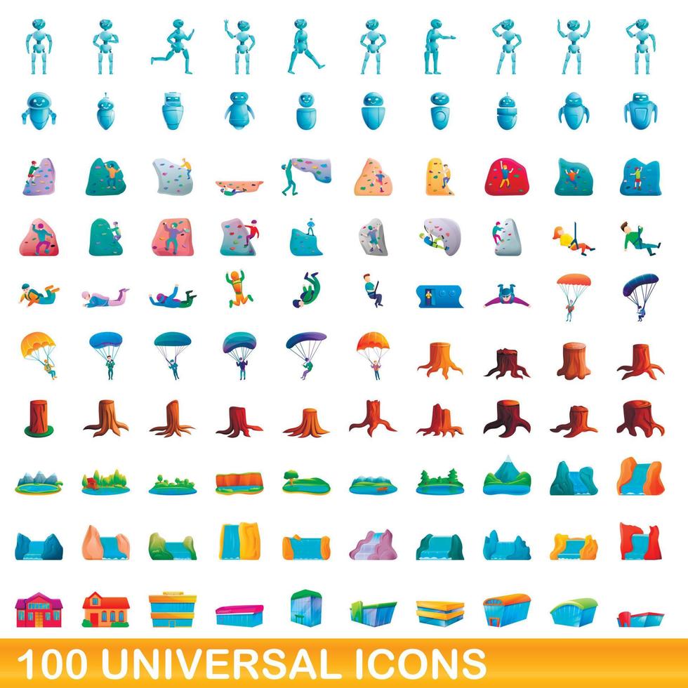 100 universal icons set, cartoon style vector