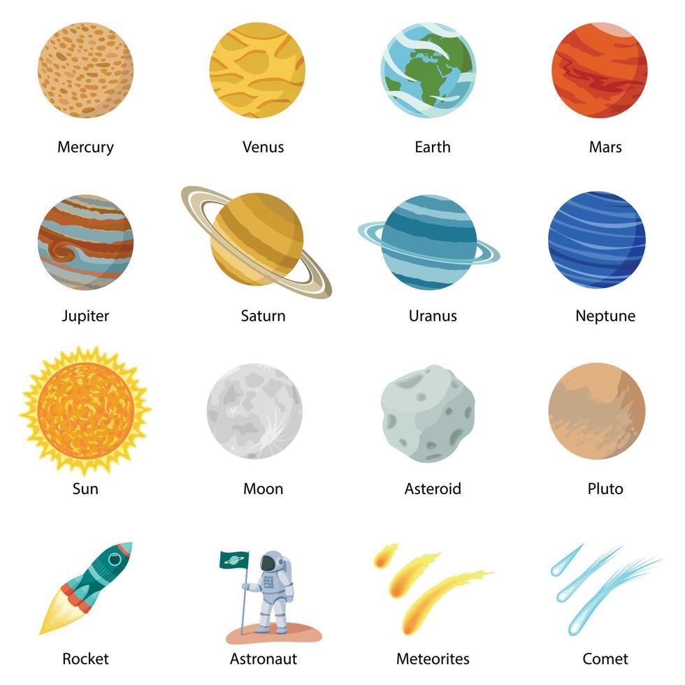 conjunto de iconos de planeta espacial, estilo plano vector