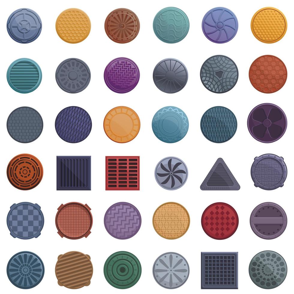 Manhole icons set, cartoon style vector