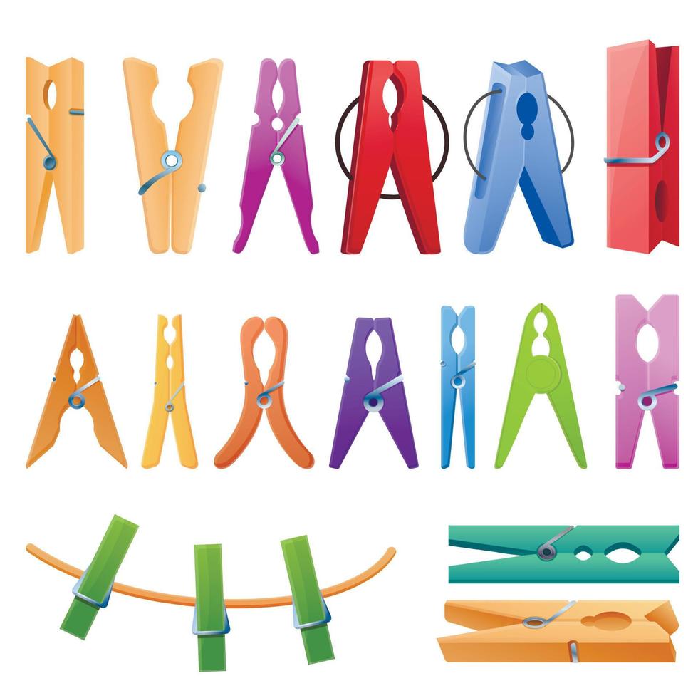 Clothes pins icons set, cartoon style vector