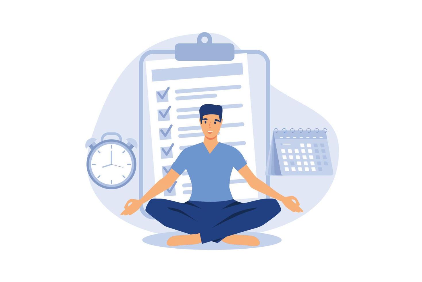 Self discipline or self control to complete work or achieve business target, time management to increase productivity concept, businessman meditate balancing clock and calendar on completed task paper vector