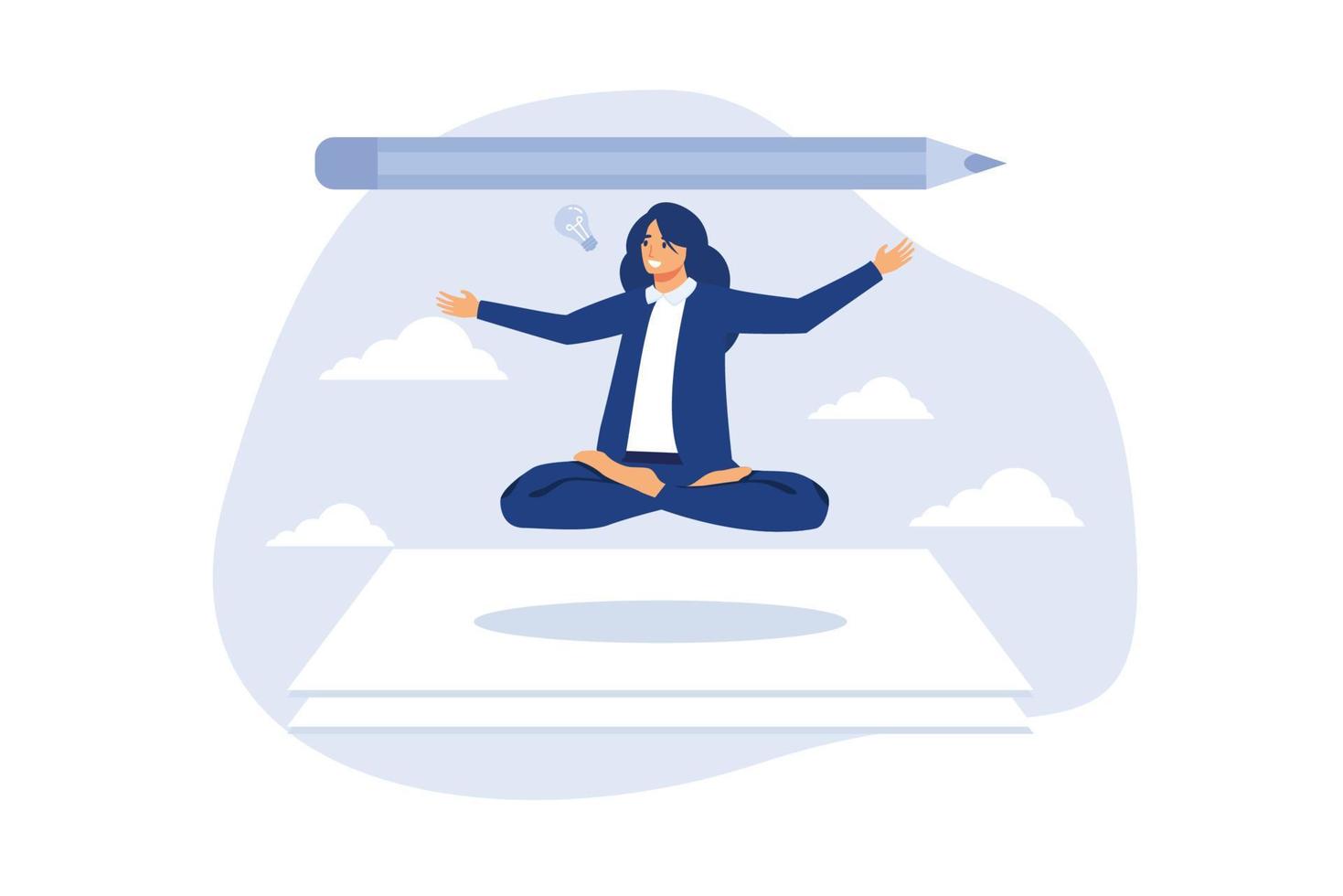 Writer inspiration, blogger, copywriter or journalist creativity concept, young woman writer meditate on blank paper and holding big pencil thinking about idea to write in her blog or journal. vector