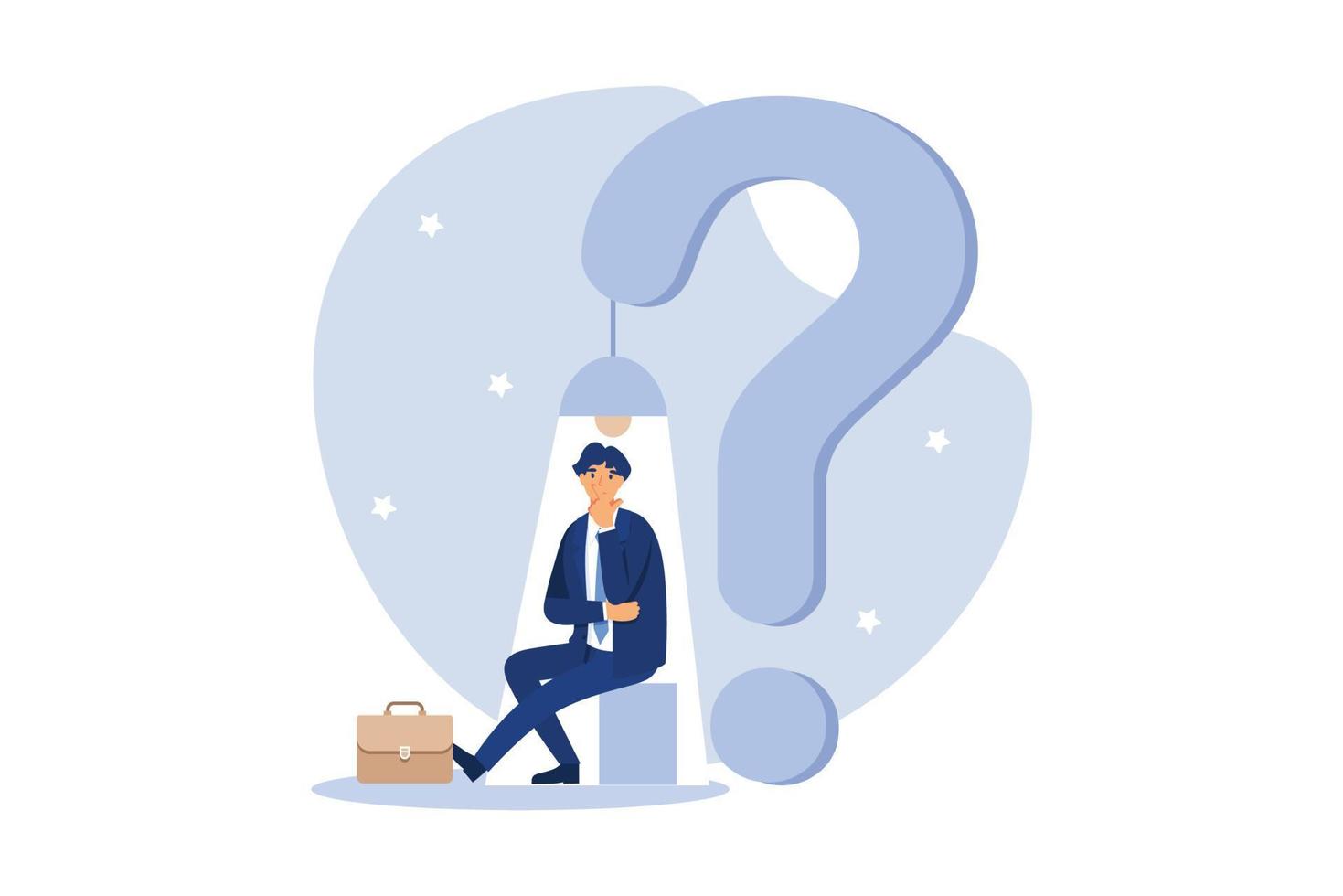 Hope in crisis, solution or opportunity in problem or difficulty, idea discovery to solve trouble concept, depressed businessman just discover light of hope and opportunity from question mark problem. vector
