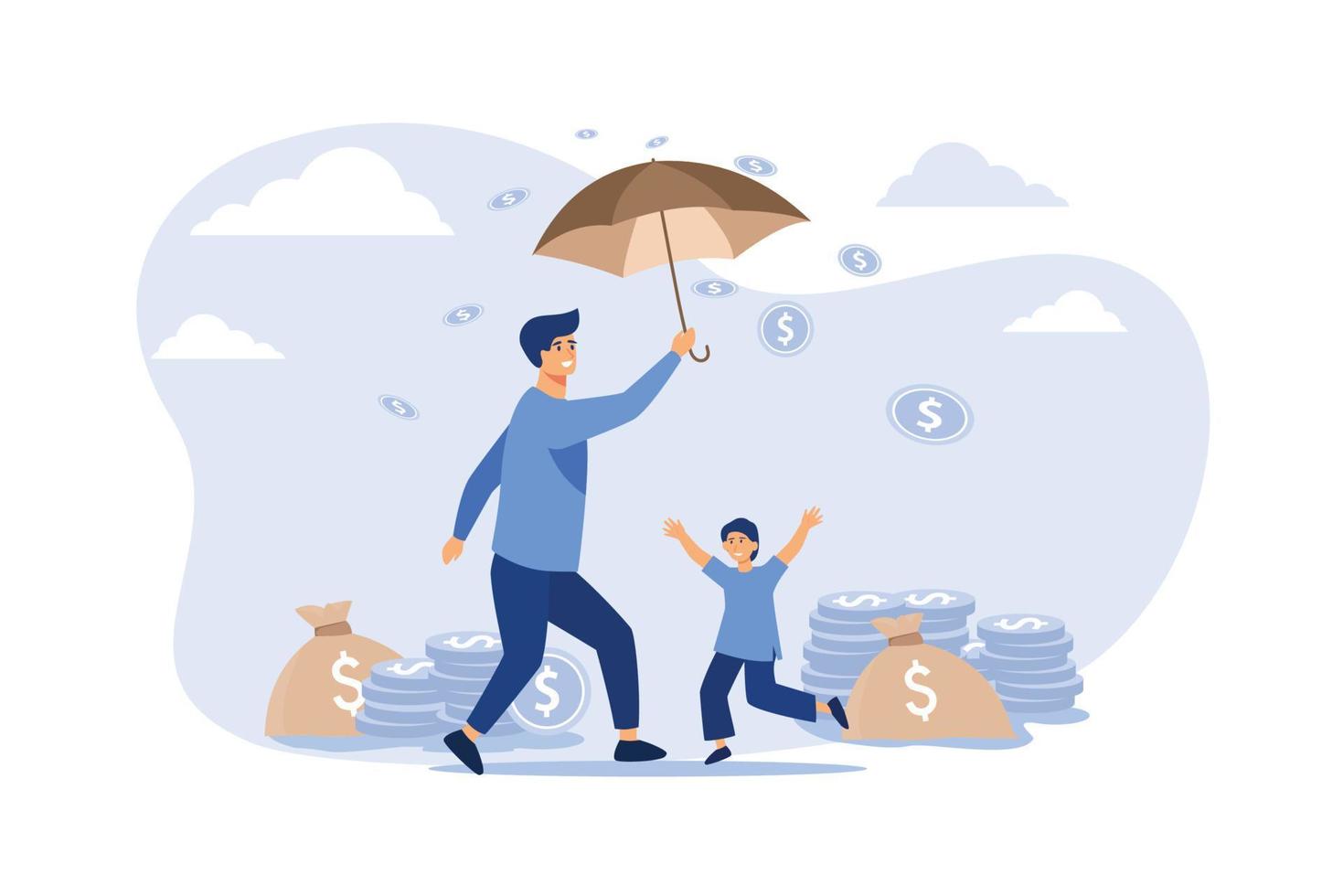 hombre feliz y niño de pie bajo la lluvia de dinero. moneda, paraguas, bolsa de ilustración vectorial plana. concepto de riqueza e inversión para banner, diseño de sitio web o página web de inicio vector