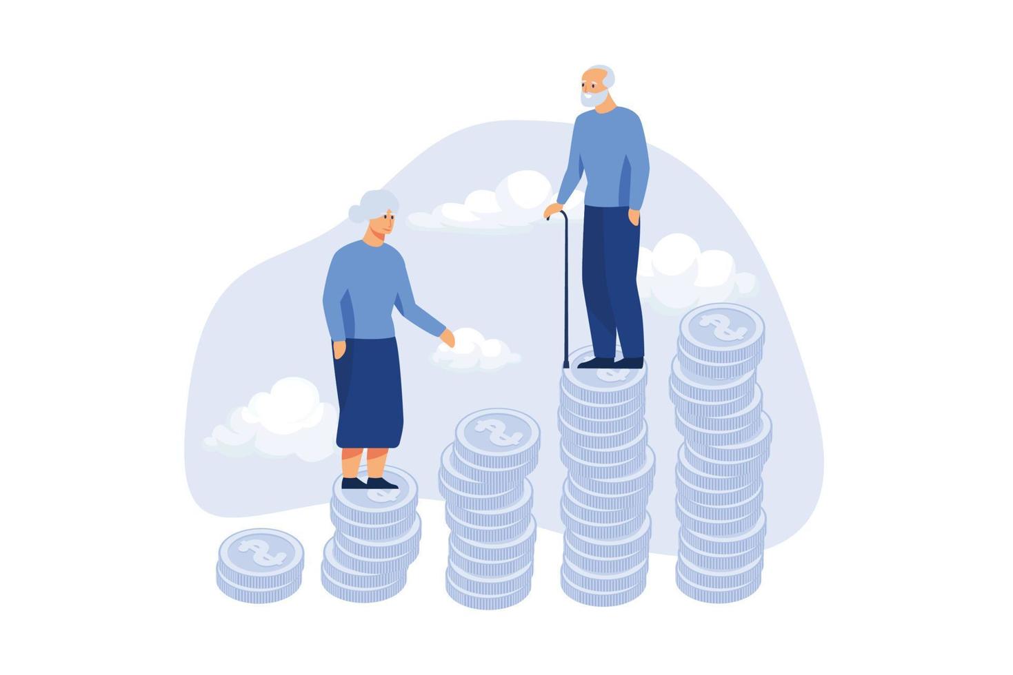 Retirement saving or investment pension fund, planning for wealth and expense for living after retire concept, happy rich elderly couple old man and woman walking on stack of growth money coins saving vector