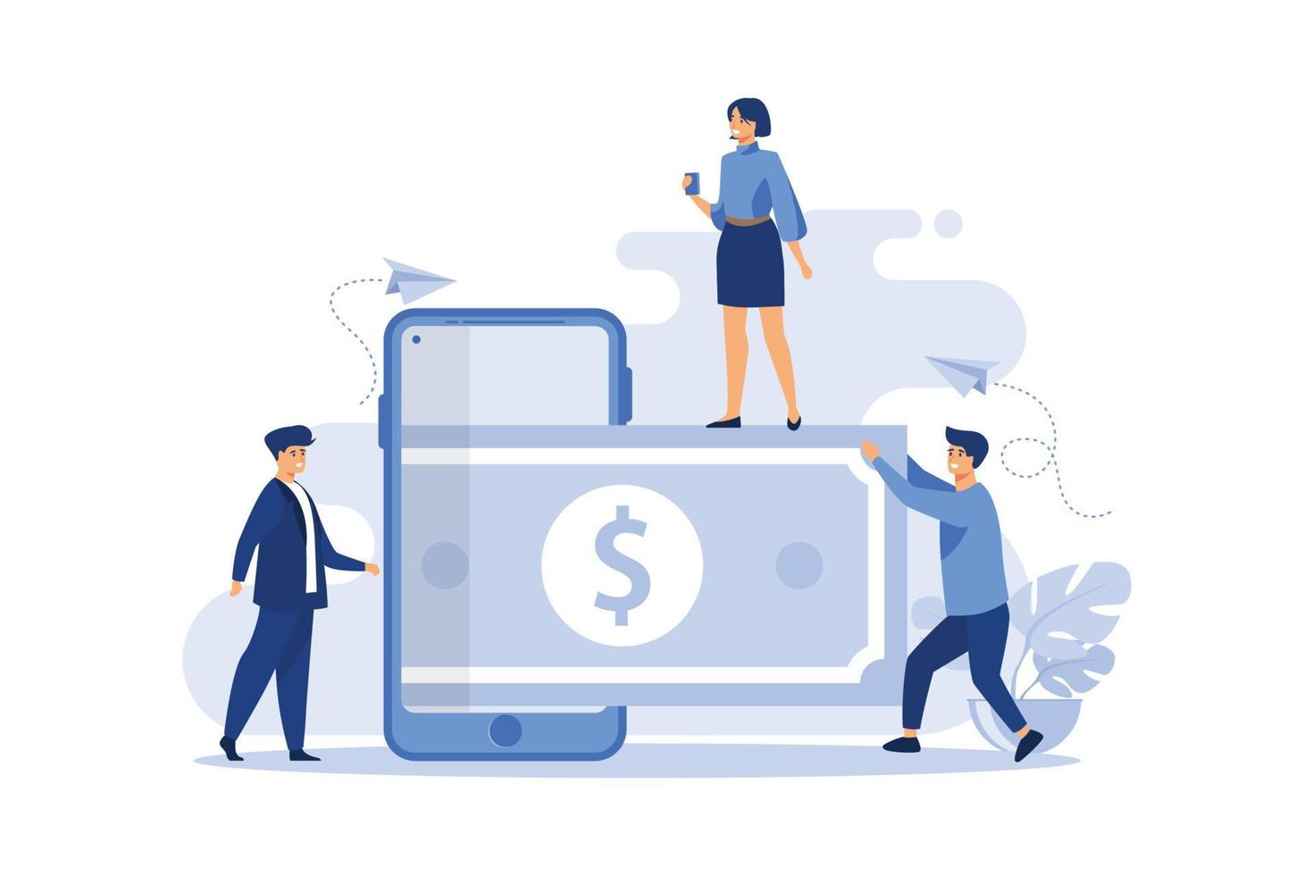 online money. little people get money from the phone. design graphics for registration on web portals. flat design modern illustration vector