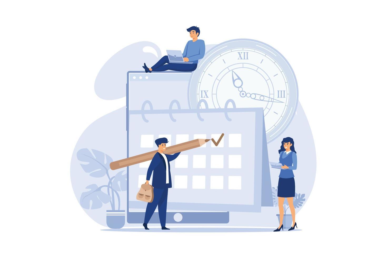 little people characters make an online schedule in the tablet. vector, design business graphics tasks scheduling on a week. flat design modern illustration vector