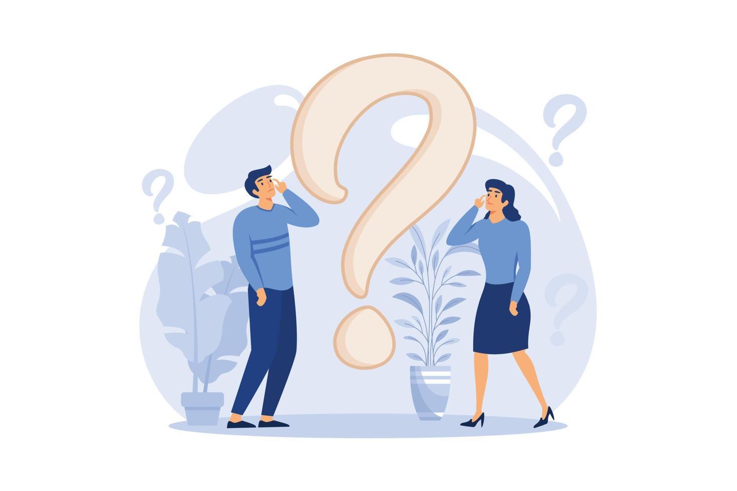 concept illustration of people frequently asked questions around question marks, answer to question metaphor. flat design modern illustration vector