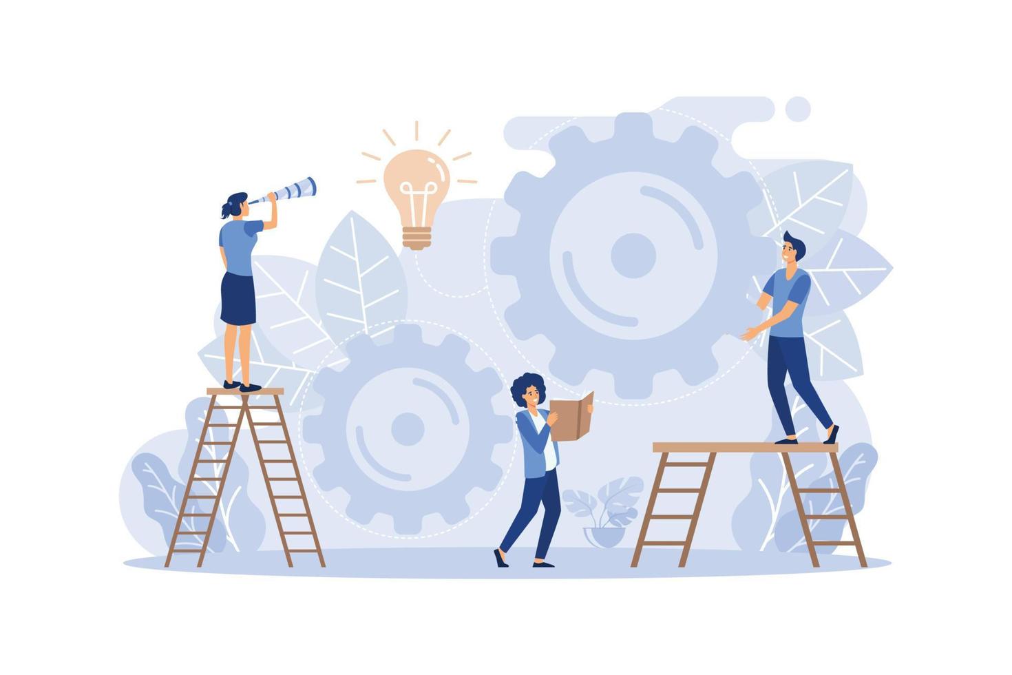 teamwork on finding new ideas, little people launch a mechanism, search for new solutions, flat design modern illustration vector