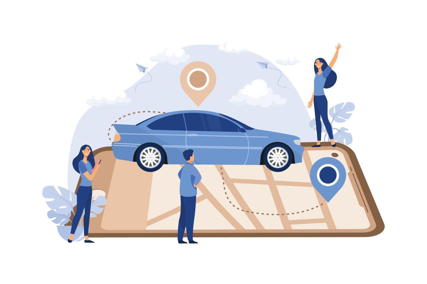 Gps system, cartography display, location on the city map, navigation in the smartphone and tablet, the path is paved to the car. flat design modern illustration vector