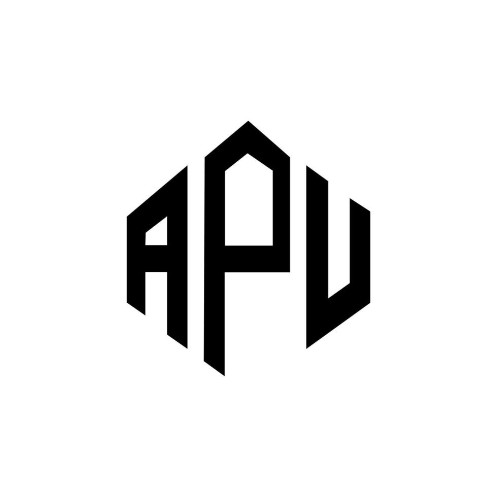 APU letter logo design with polygon shape. APU polygon and cube shape logo design. APU hexagon vector logo template white and black colors. APU monogram, business and real estate logo.