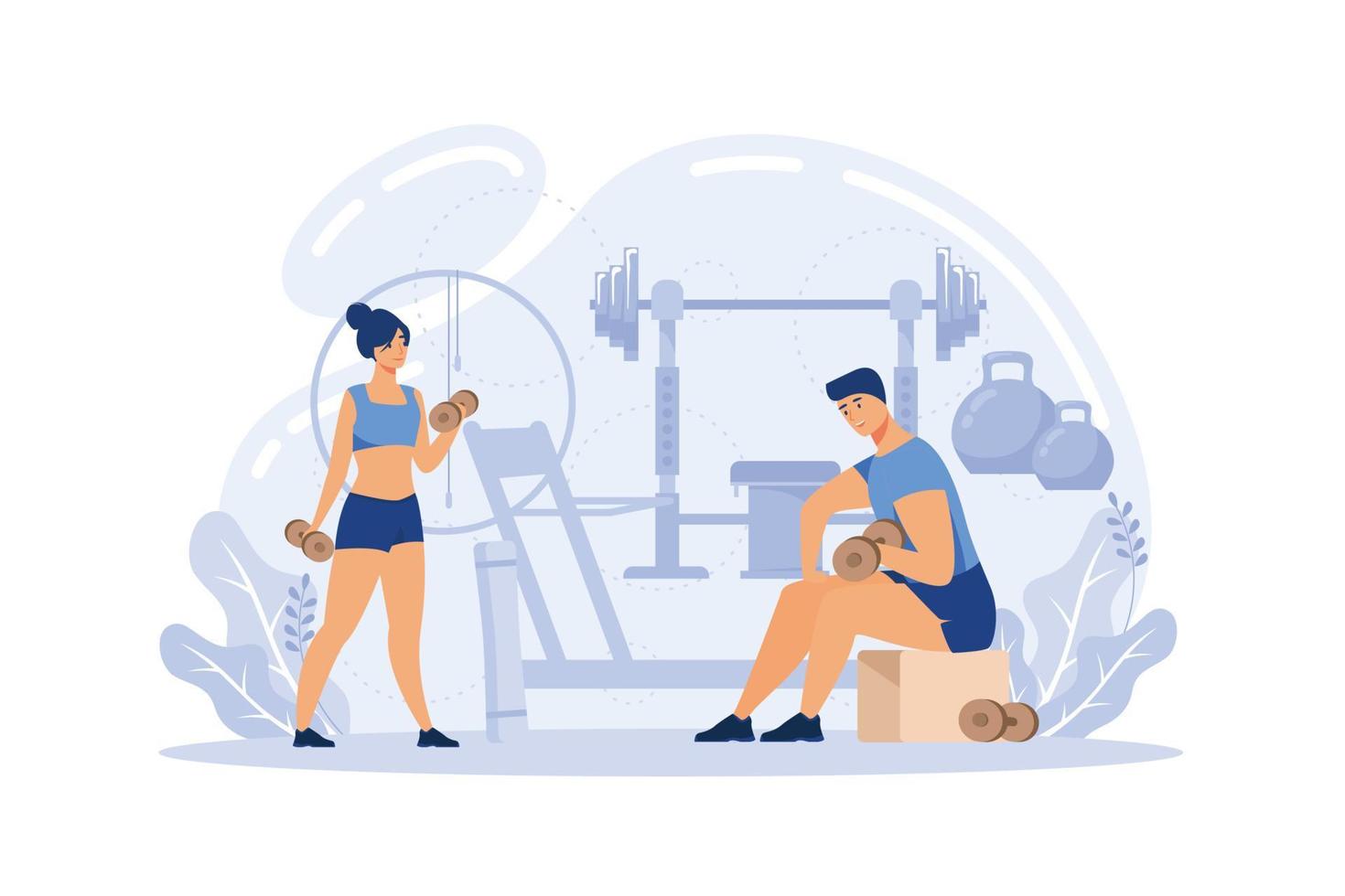Fitness trainer concept. Workout in the gym with professional athlete. Healthy and active lifestyle. Training and nutrition plan. vector