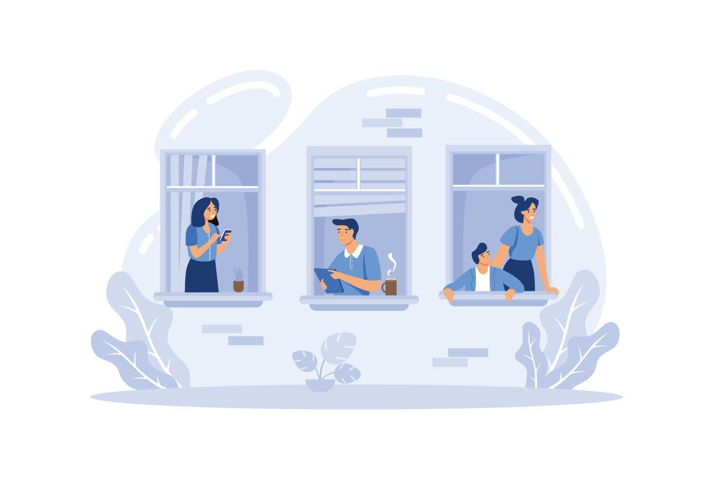 House facade with windows. Home office during coronavirus outbreak concept, people works from home Modern Flat Illustration vector