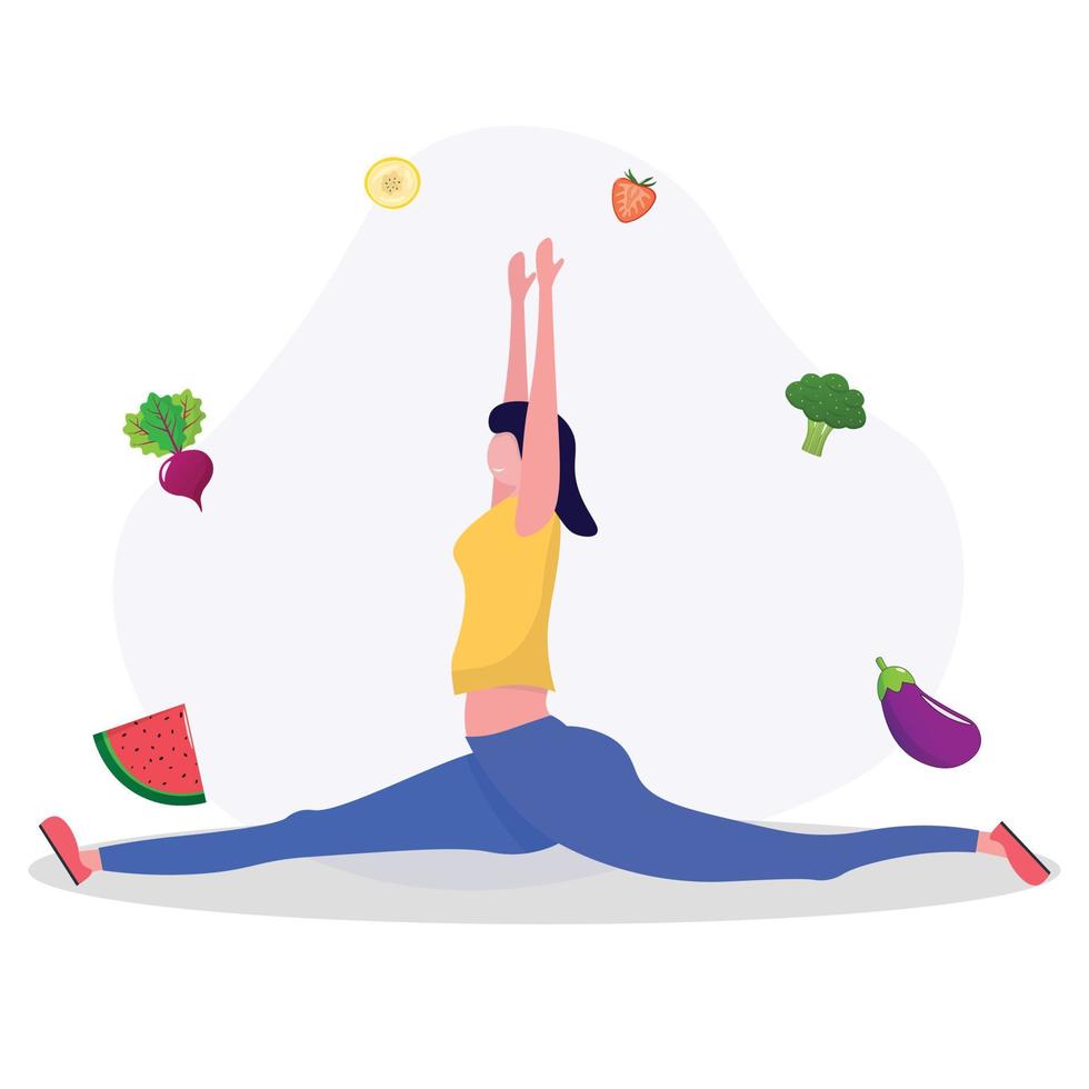 Woman doing yoga on the street. Concept of fitness marathon, proper nutrition, healthy food, weight management, beautiful body, vegetables, slimming. Vector illustration in flat design