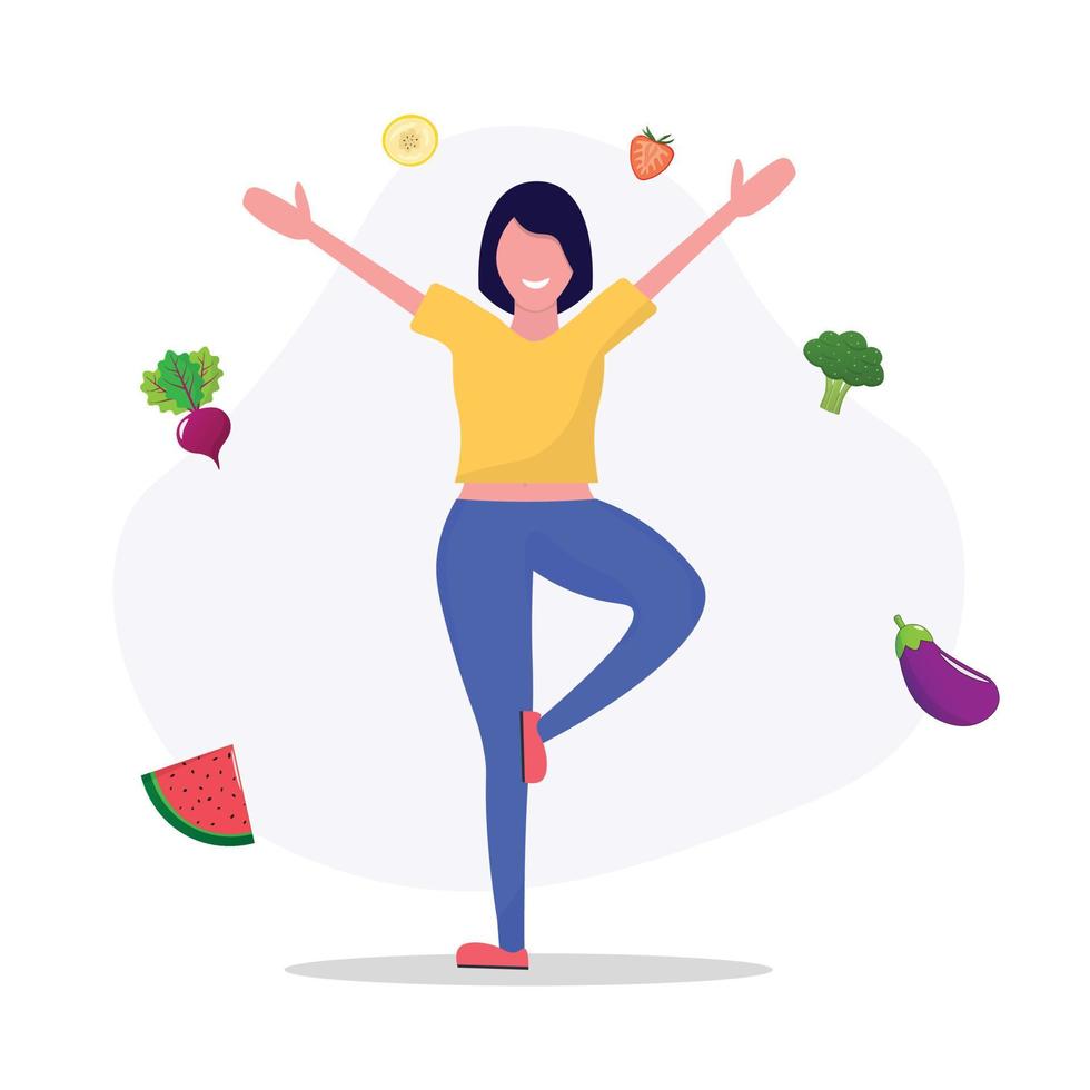 Woman doing yoga on the street. Concept of fitness marathon, proper nutrition, healthy food, weight management, beautiful body, vegetables, slimming. Vector illustration in flat design