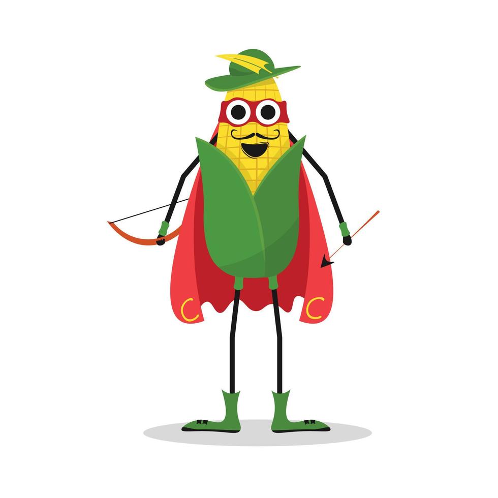 Funny cartoon corn superhero in superhero costume. vector