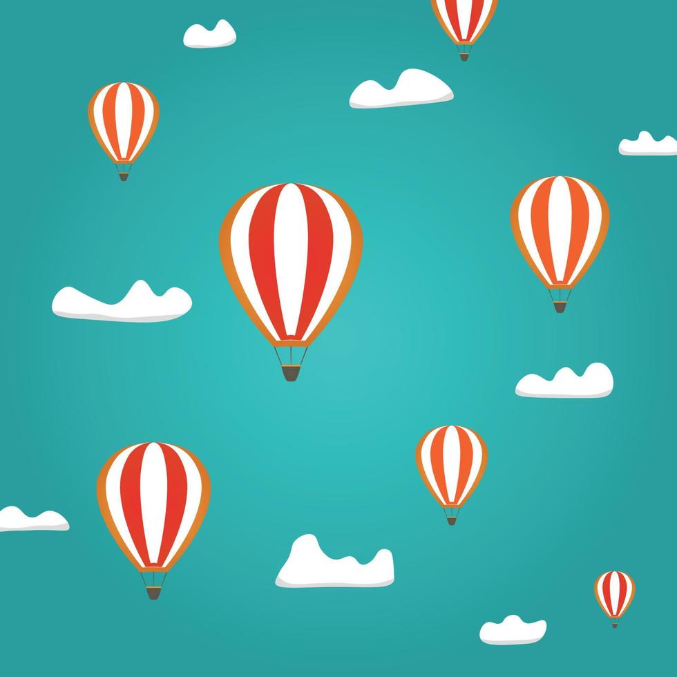 hot air baloons flying in the blue sky with clouds. Flat cartoon vector illustration. Fantasy, imagination, study background. kids pattern.