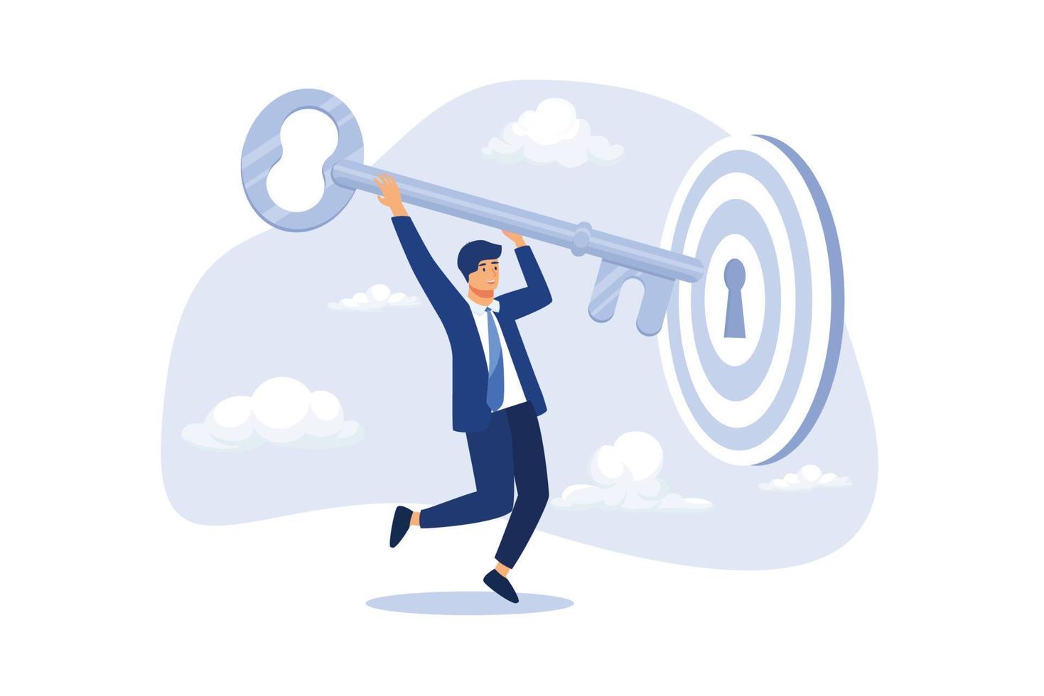 Key to success and achieve business target, KPI, career achievement or secret for success in work concept, businessman putting golden key into bullseye target key hold to unlock business success. vector