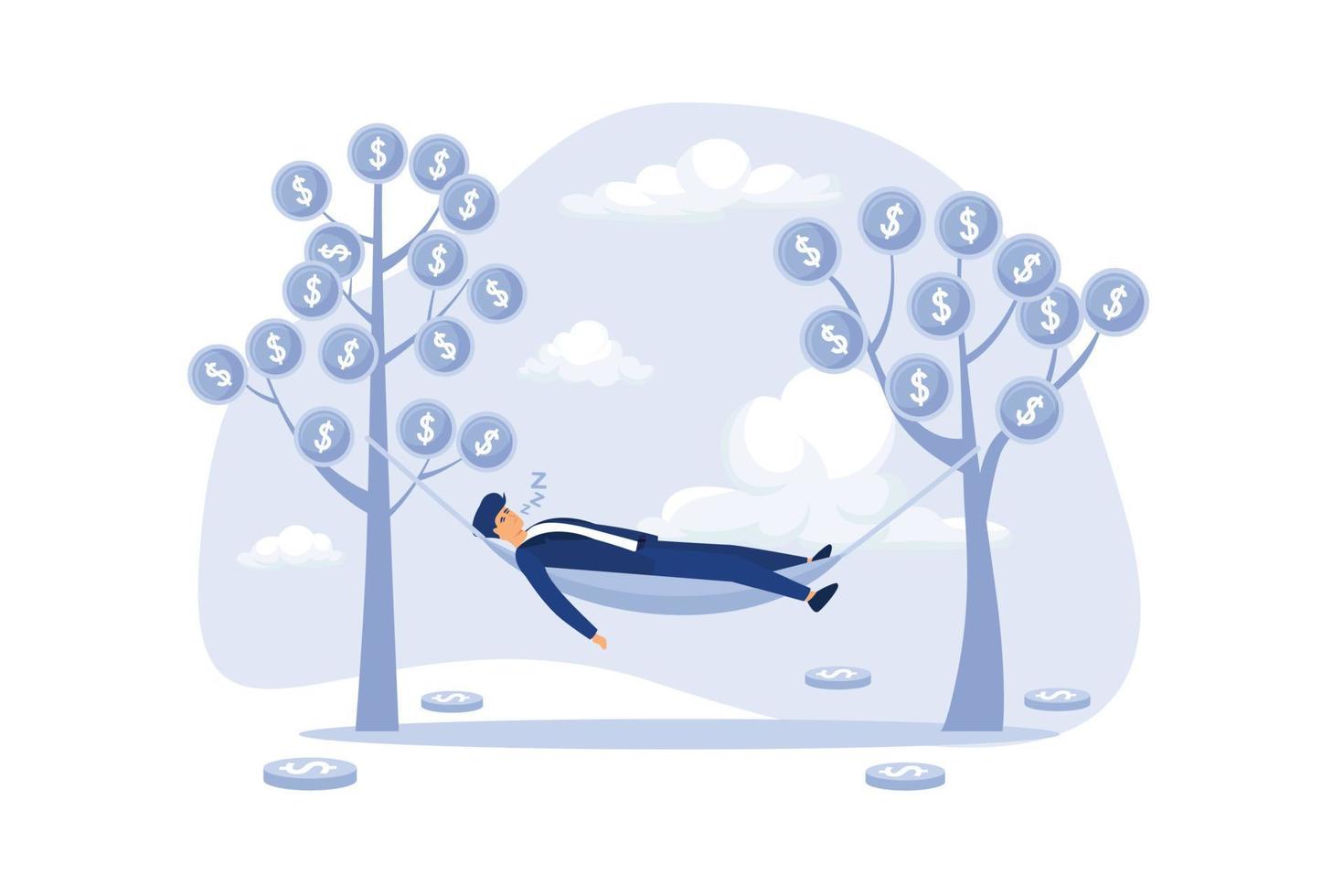 Passive income, earning with no effort by make profit or dividend from investment and achieve financial freedom concept, happy rich businessman sleeping in hammock tied on money tree with dollar coins vector