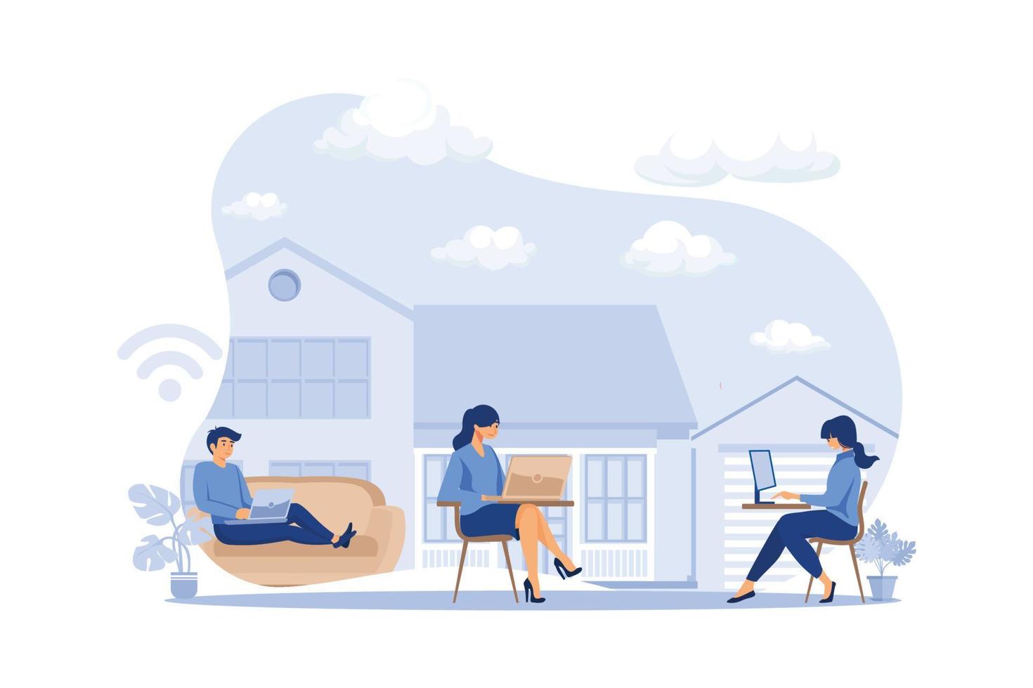 group of people working from home on the internet online, creative space, self-isolation, freelancer working on laptop vector, flat design modern illustration vector