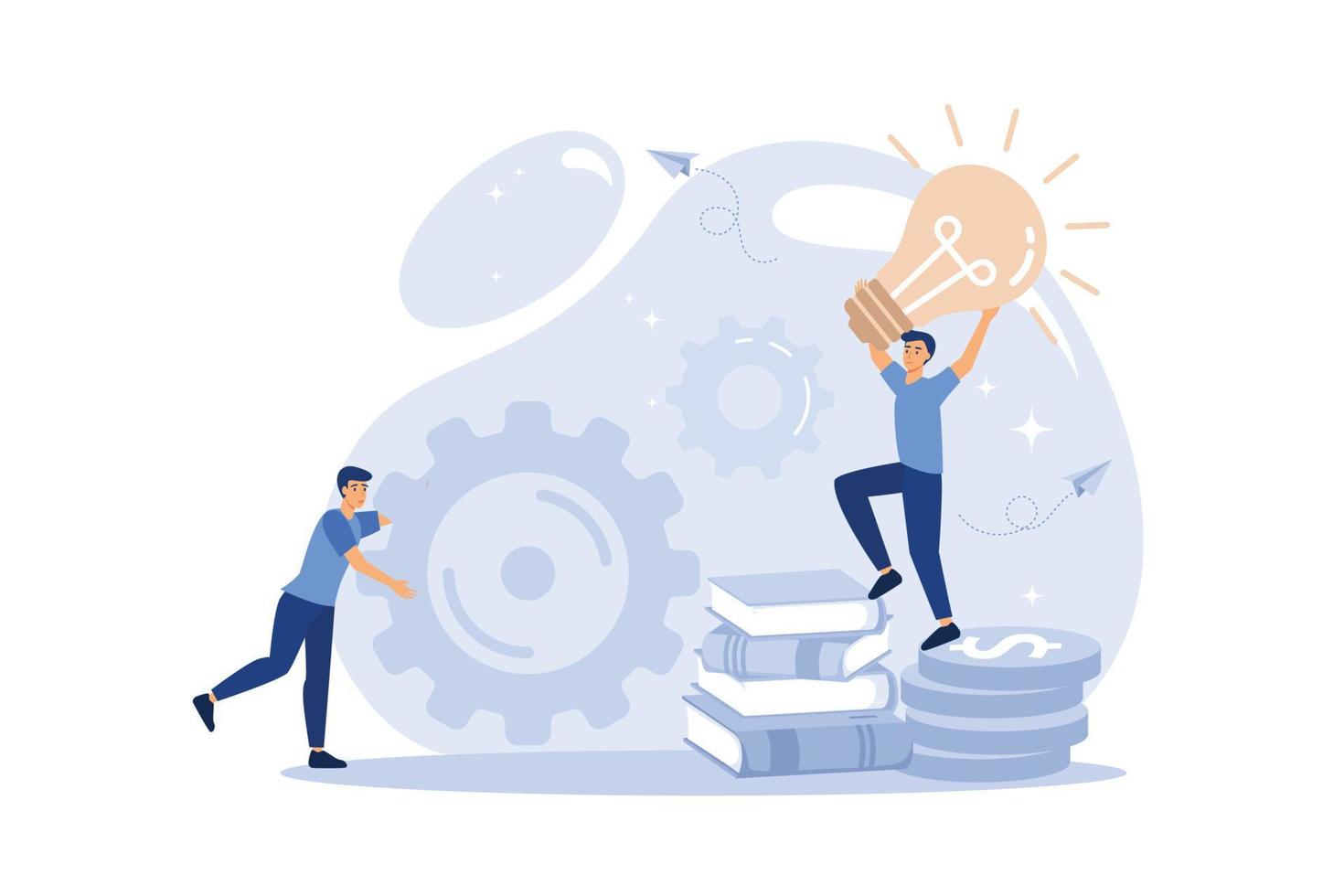 little people links of mechanism, business mechanism, abstract background with gears, people are engaged in business promotion, strategy analysis, communication. flat design modern illustration vector