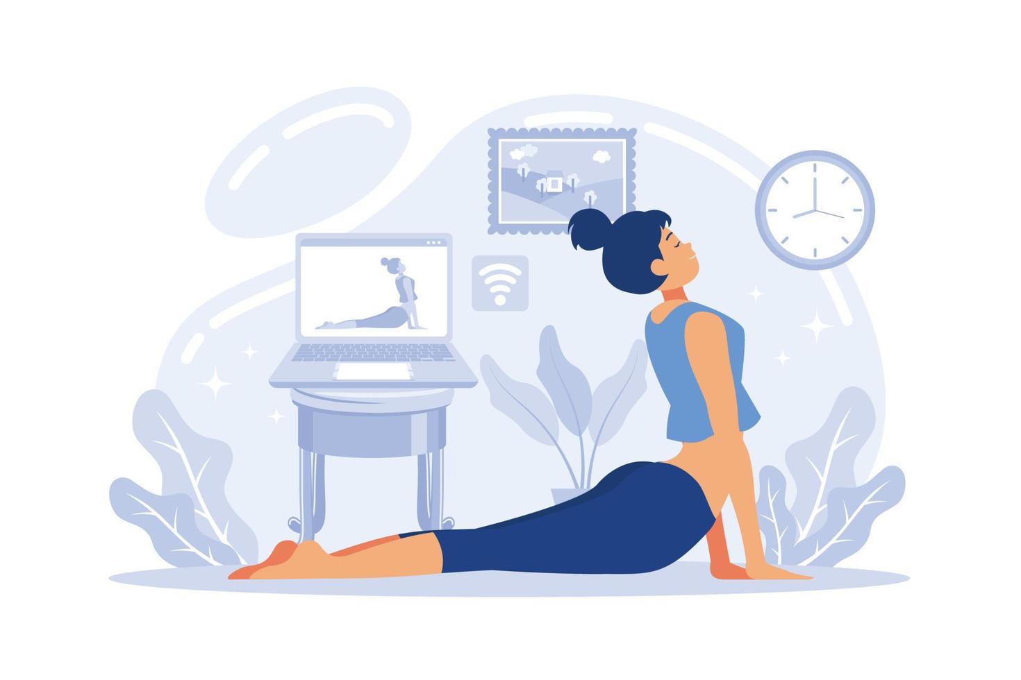 Yoga studios streaming online classes. Girl watching online sport tutorials on a laptop and working out at home. flat vector illustration