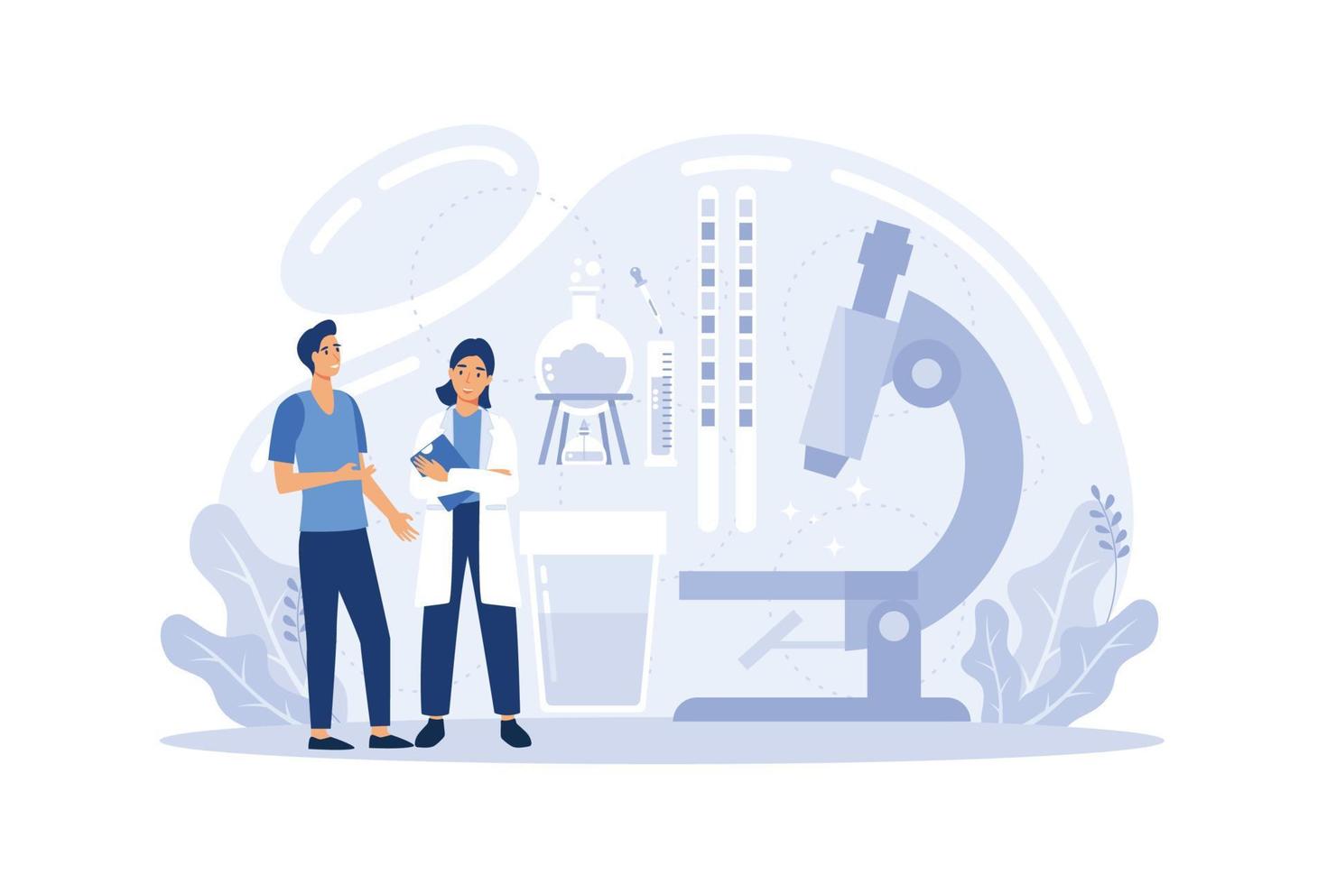 Male Character Give Urine Test in Clinical Laboratory. Tiny Doctors at Huge Microscope and Container with Urine Research Specimen and Litmus. Health Care Concept. vector