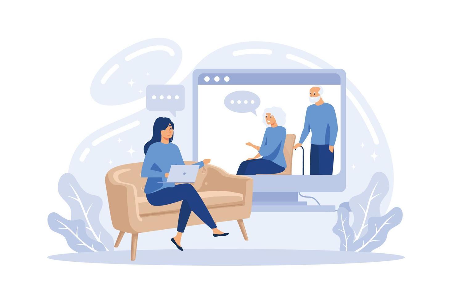 Psicóloga en línea y sesión de terapia de pareja - mujer terapeuta virtual que brinda asesoramiento matrimonial a caricaturistas en casa desde la pantalla, vector