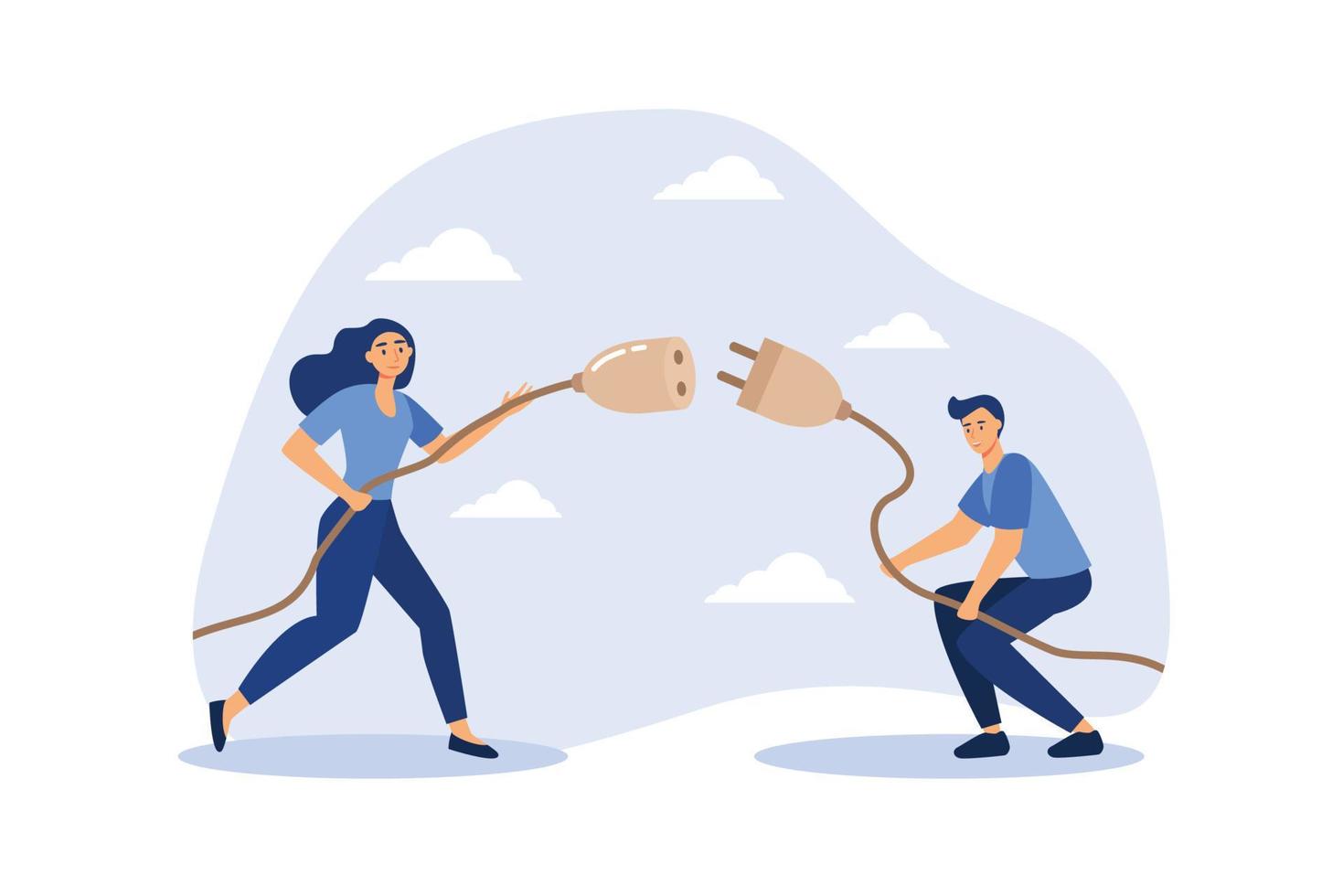 Disconnected business, broken communication, 404 or disconnect from social media distraction or monitor screen, young man and young adult woman pull electric socket plug to disconnect from internet. vector