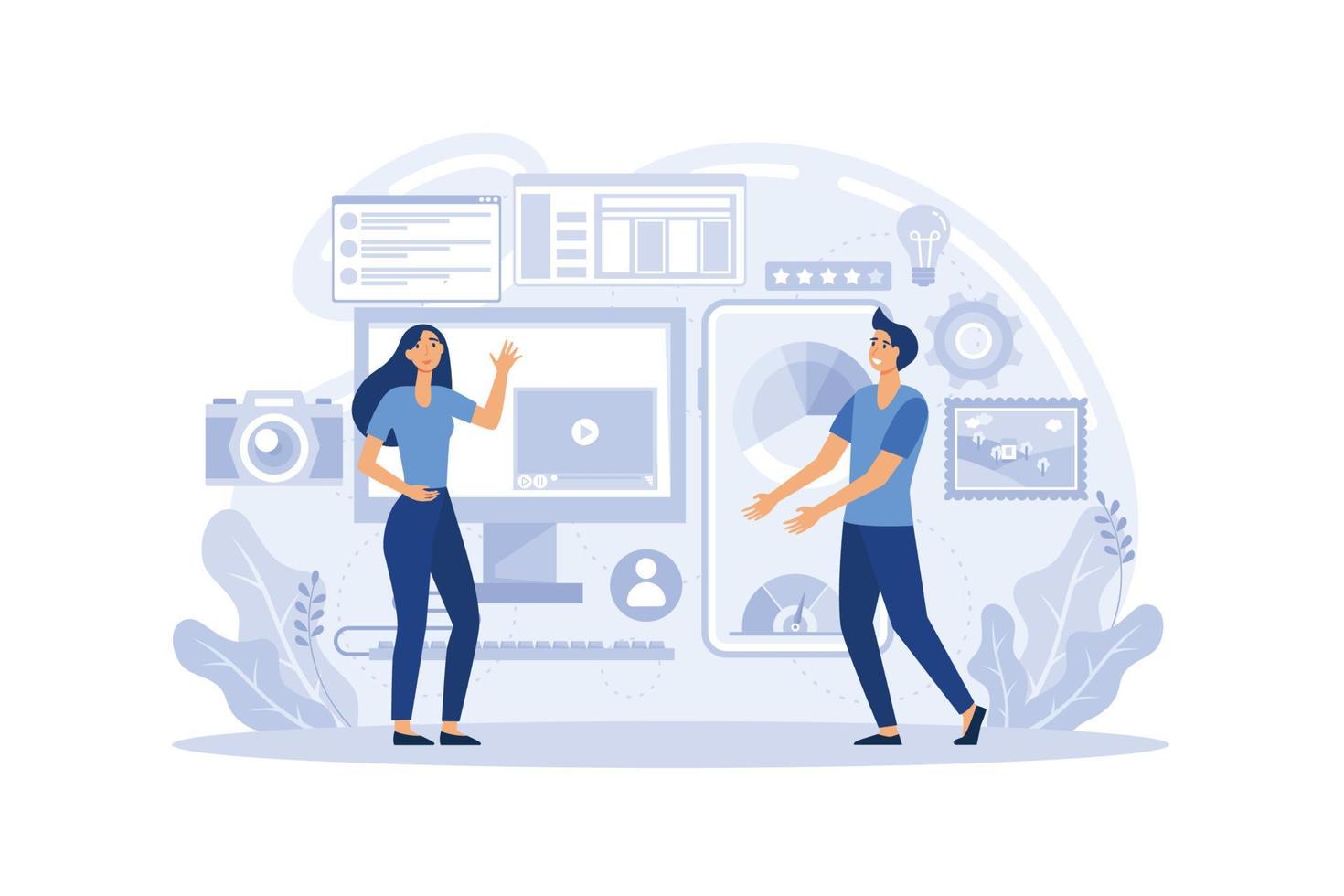 Design and programming banner, web landing page, advertisement. Designers working on ui ux design or mobile application. Studio or agency prototyping or coding web page or mobile app. vector