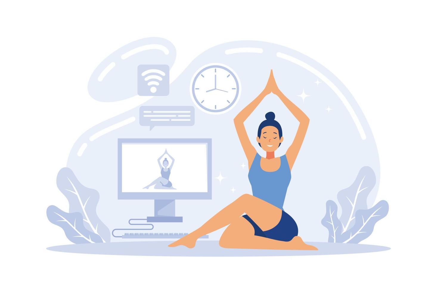 estudios de yoga que transmiten clases en línea. chica viendo tutoriales deportivos en línea en una computadora portátil y haciendo ejercicio en casa. ilustración vectorial plana vector