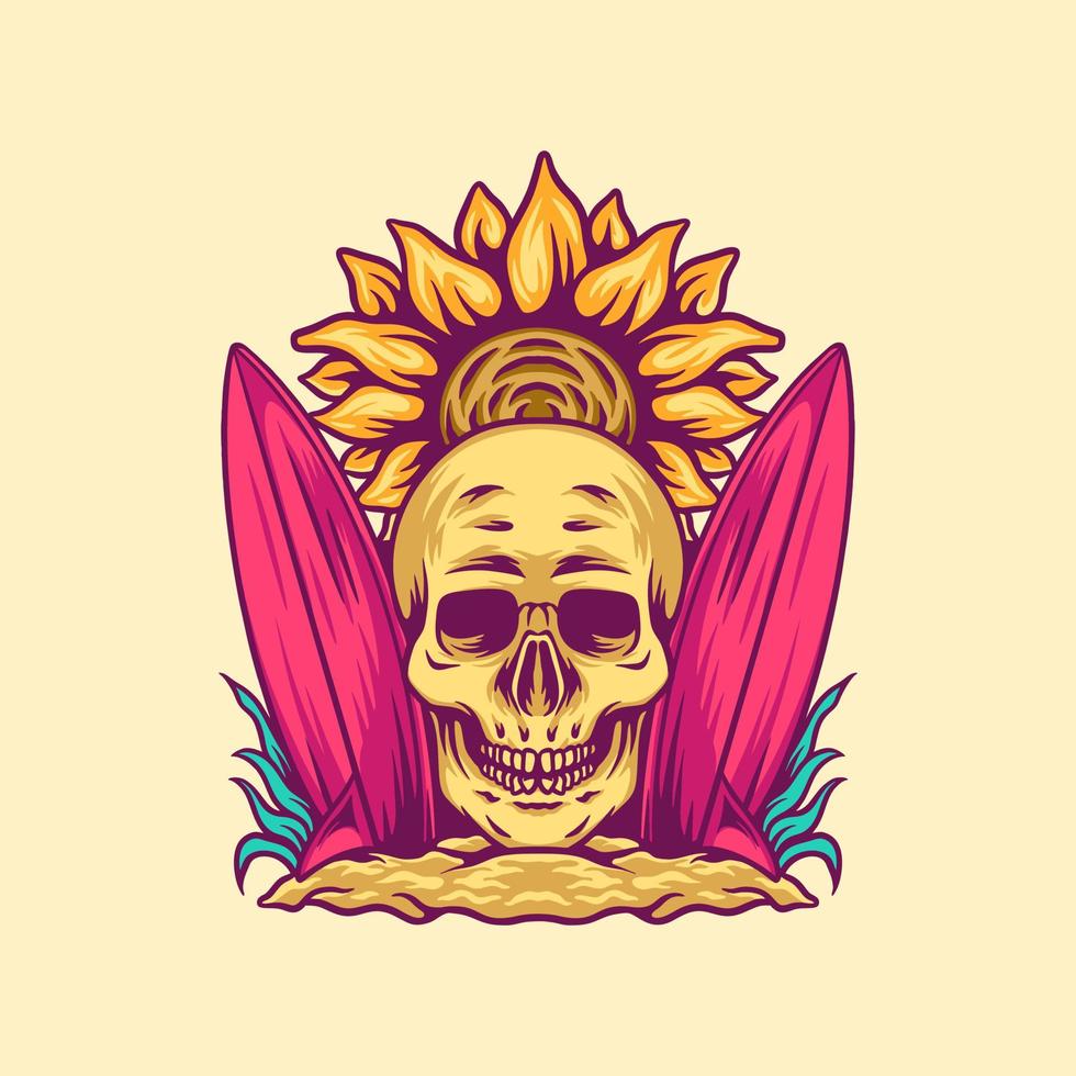 ilustración de calavera y tabla de surf vector