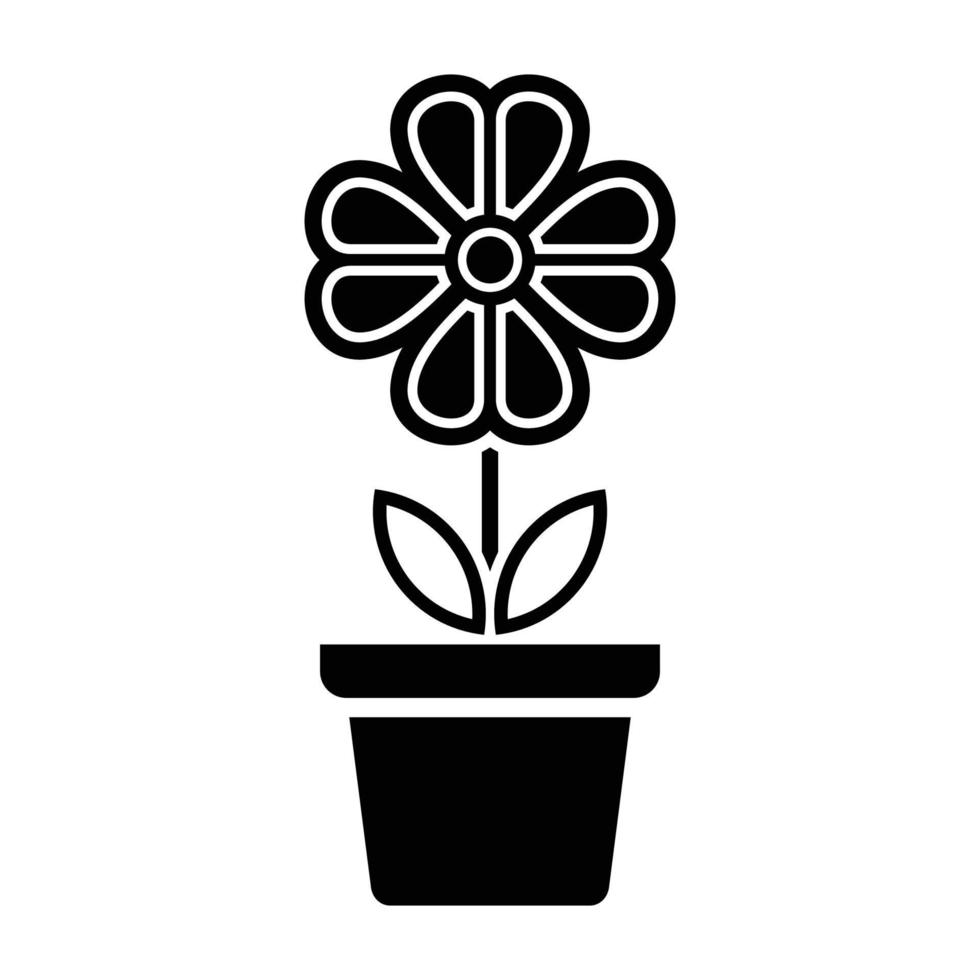 icono de flor en maceta, signo de flor simple y símbolo. plantas en maceta, jardinería, signo de línea aislada de plantas ornamentales. vector