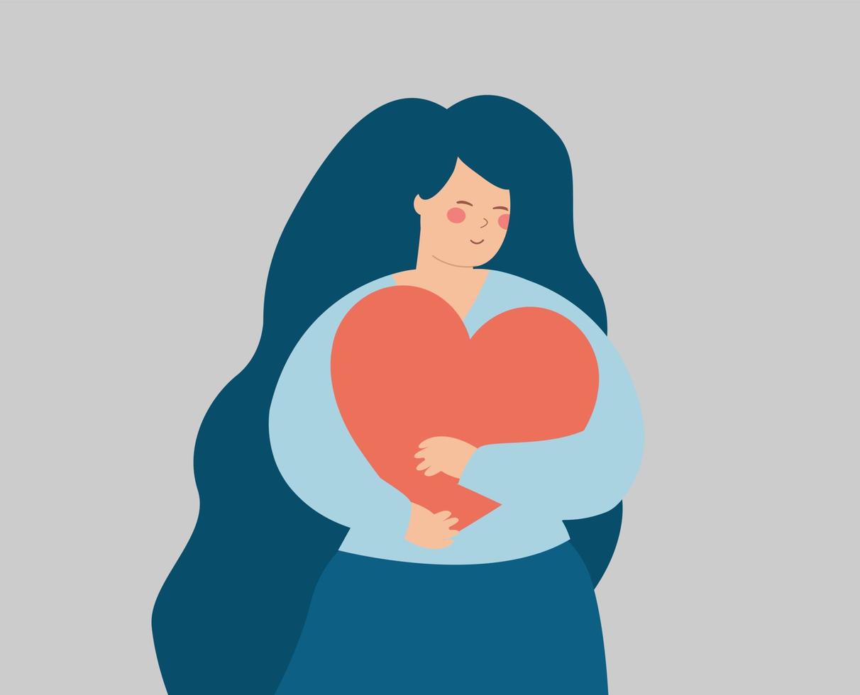 Woman hugs a big heart with love. Girl with closed eyes embraces a red heart and enjoys her freedom. Body positive, mother's love, mental health , Self acceptance and confidence concept. Vector stock