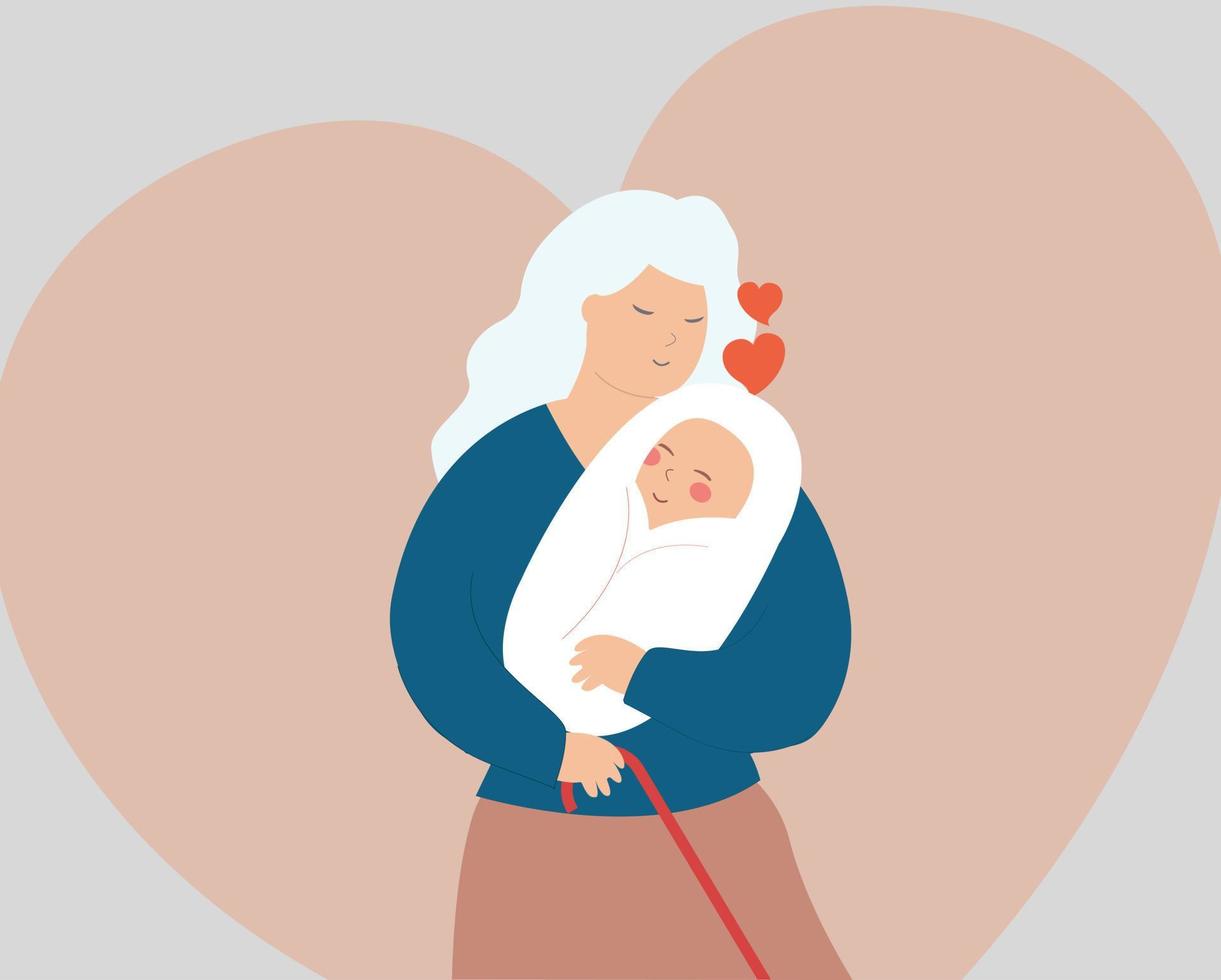 Grandmother hugs his newborn with love. Senior woman embraces a baby with care. Happy grandma holds her grandchild. Happy grandparents day, family bond and generations concept. Vector stock