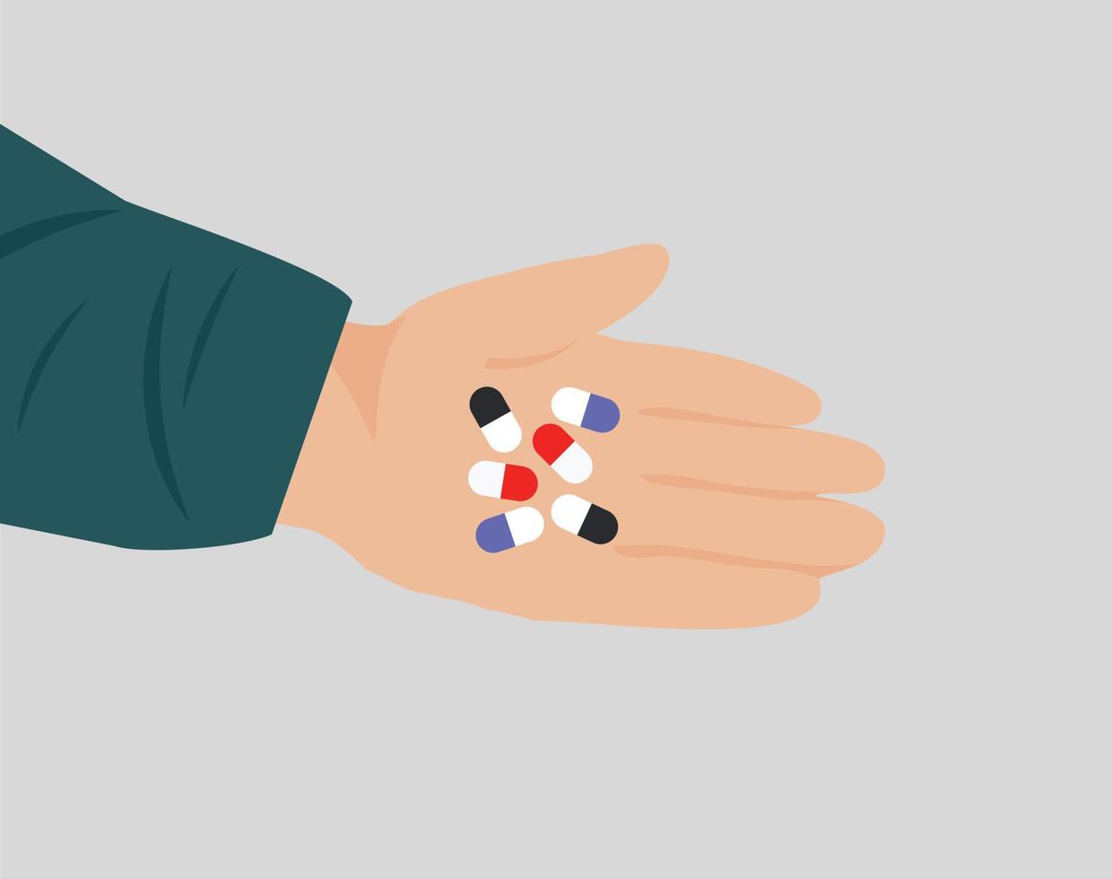 Big human hand holds pile of pills of stress. A Doctor prescribes tablets of depression. Concept of medication treating illness and mental health disorders. painkillers in Isolated background. Vector