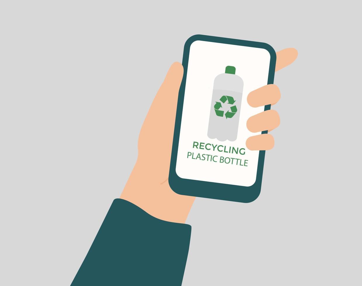 Big hand holds a smartphone with app page of recycling plastic bottles on the mobile screen. Earth day, environment protection, waste recycle management and planet protection concept. Vector stock
