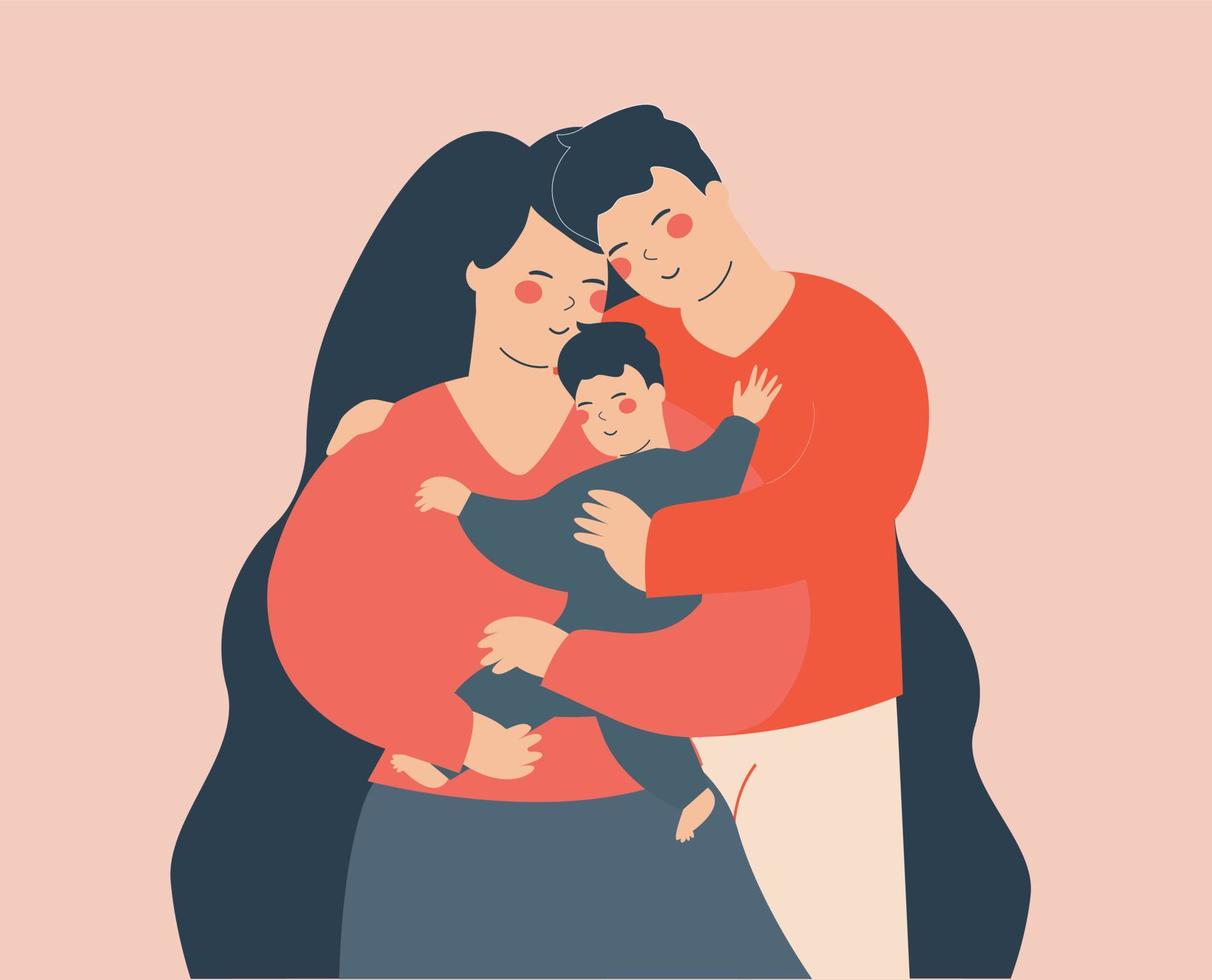 Young couple embrace their child with love. Happy father and mother hug their son or baby with care. Concept of family and childhood, motherhood and fatherhood. Vector illustration