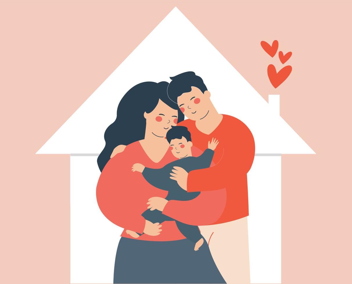 Happy young father and mother hug their son with love. Couple or parents embrace their child with care. successful marriage, Happy home, Family love and positive parenting concept. Vector stock