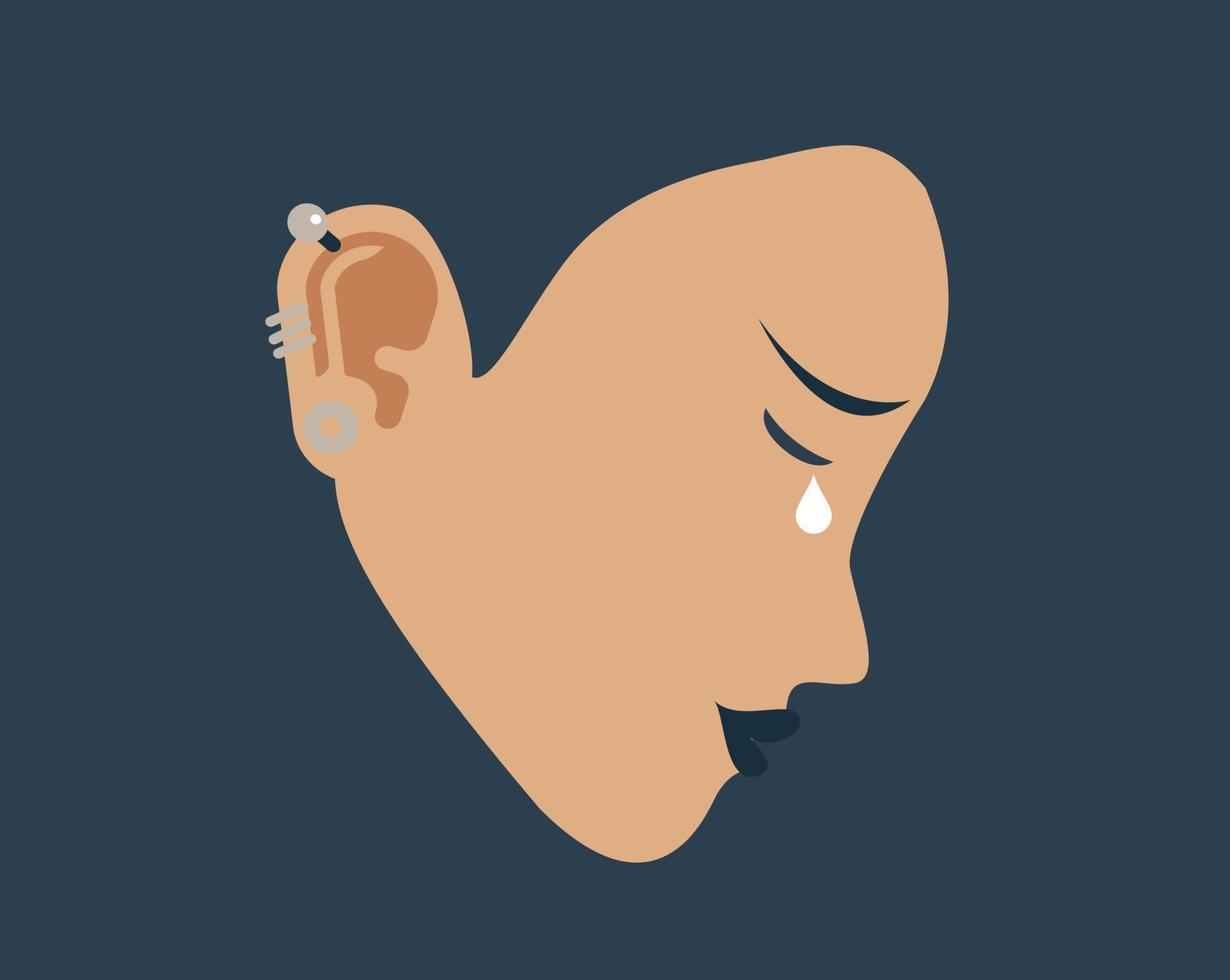 Sad woman crying on a side view feeling depression, stress and anxiety. Young girl cries and feels upset. Concept of negative mood, mental health illness and psychological problems. Vector stock