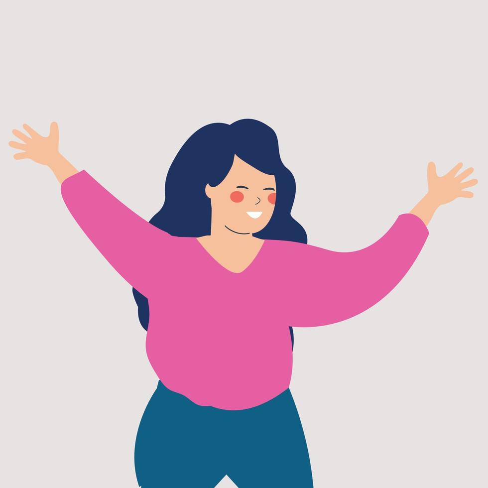 Happy woman character full of energy with raised hands. A joyful female waves her hands with her open arms. Concept of events, positive vibes and mental wellbeing. Vector illustration