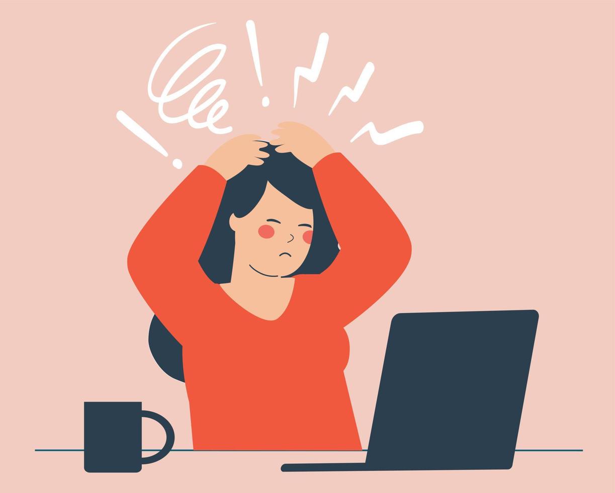 Depressed businesswoman sitting behind her office desk and looks confused. Sad female worker or boss feels overloaded because of unfinished projects. Burnout concept. Vector illustration
