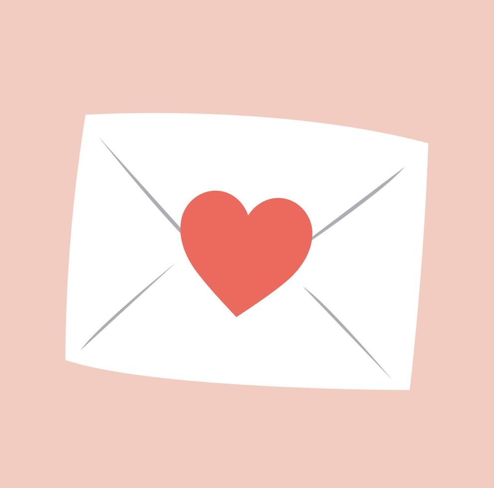 White envelope with a red heart print on Valentine's day. Concept of couple love, philanthropy, charity and donation. Vector illustration