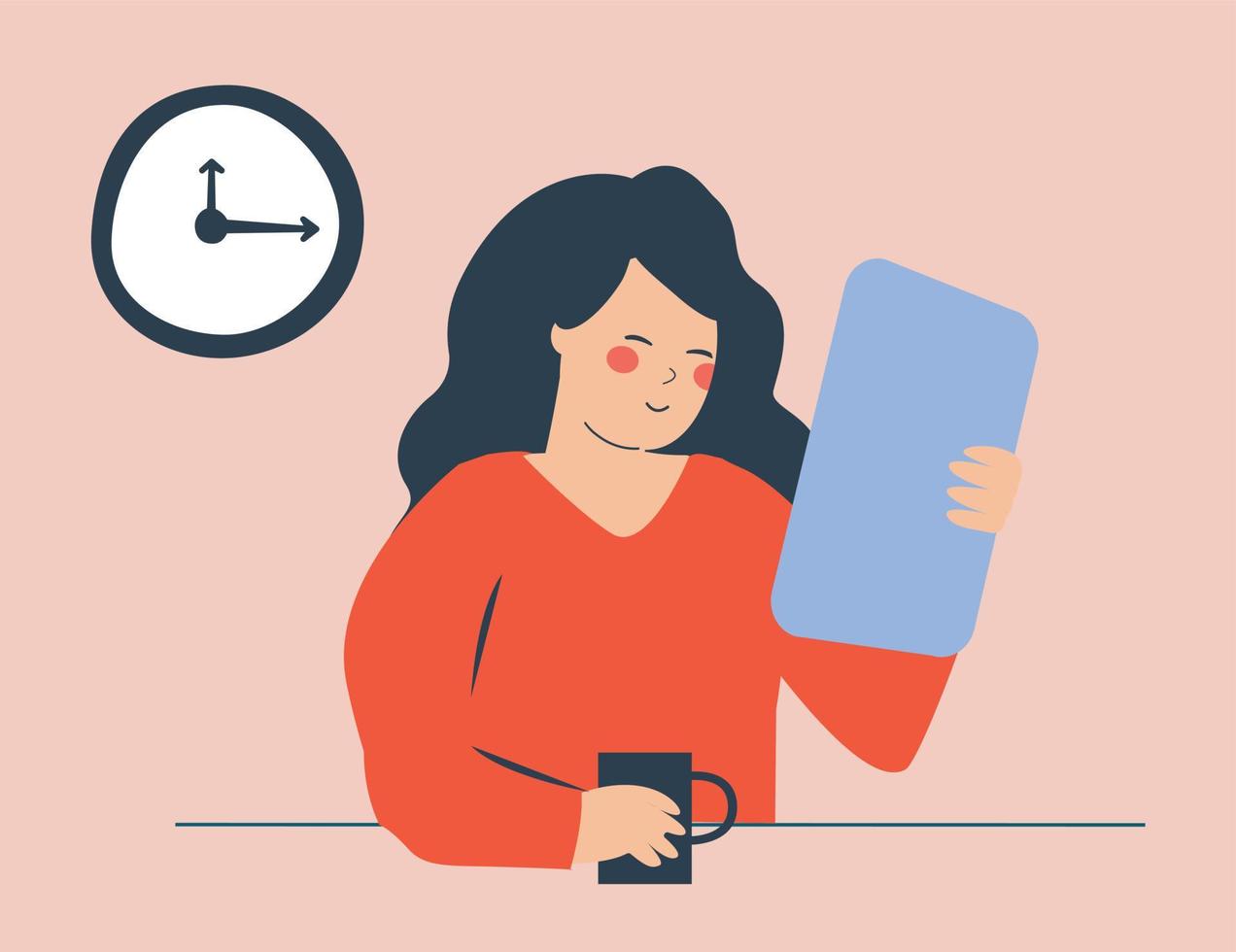 Woman sitting and reading business reports at her office. Freelancer holds a big file and looks at the data while drinking her morning coffee. Business goal achievement, career development and growth. vector