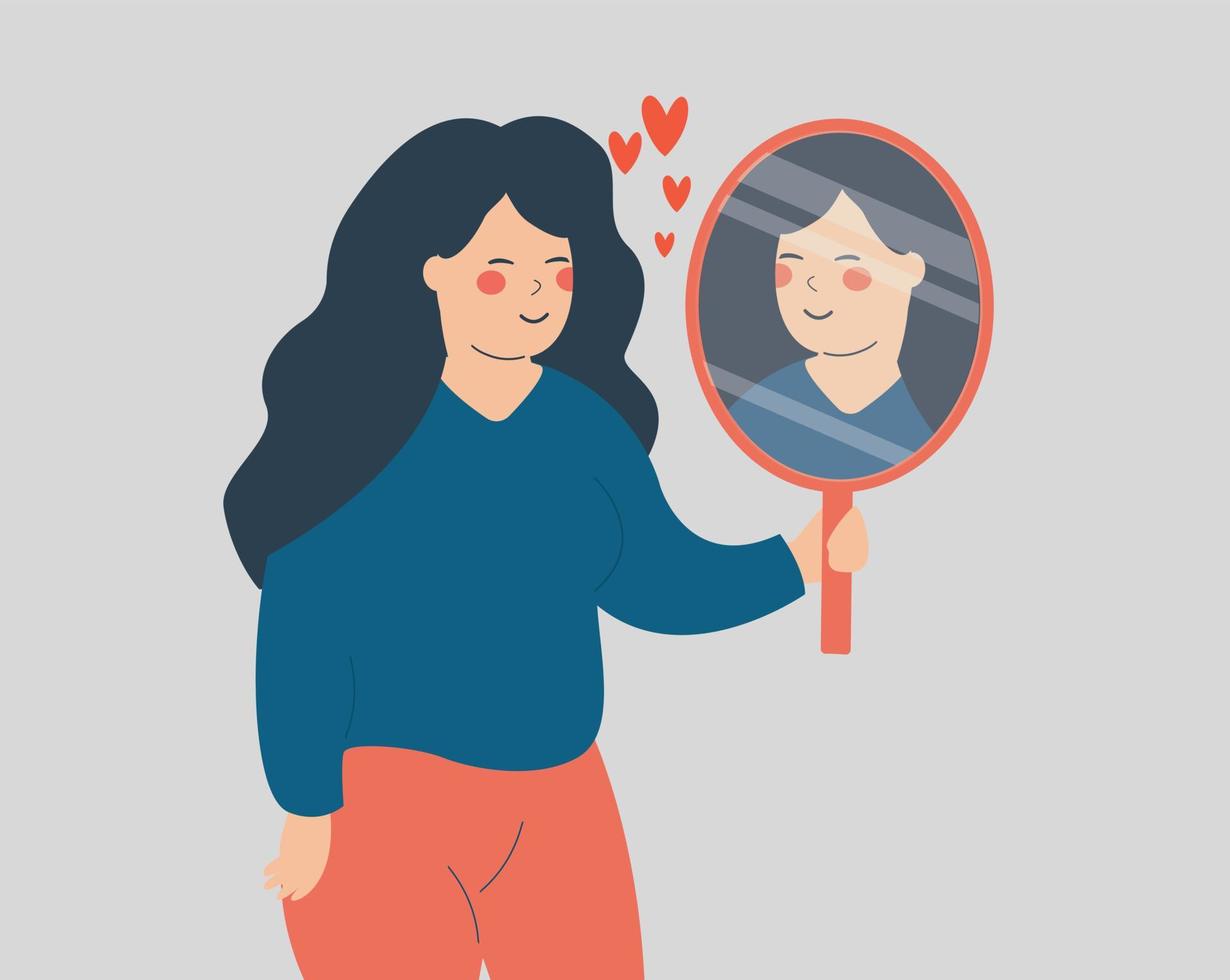 Young woman looks on her reflection with love. Teenage girl looks at the mirror with confidence. concept of Self acceptance, narcissism and inner beauty. Vector illustration