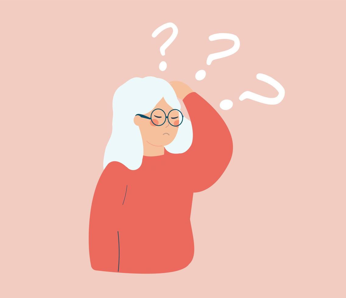 mujer mayor tiene pérdida de memoria a corto plazo. la abuela tiene dificultad para recordar cosas. concepto de enfermedad de alzheimer, síntomas de demencia y enfermedad de salud mental. ilustración vectorial vector