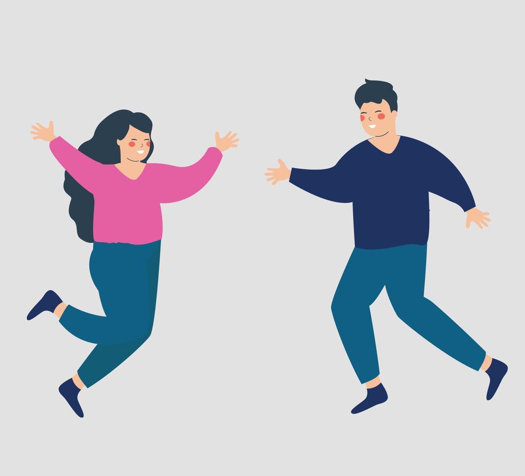 Happy couple jumping with raised hands in an isolated background. Young woman and man running with joy. Concept of success, mental health wellbeing, healthy lifestyle and friendship. Vector stock