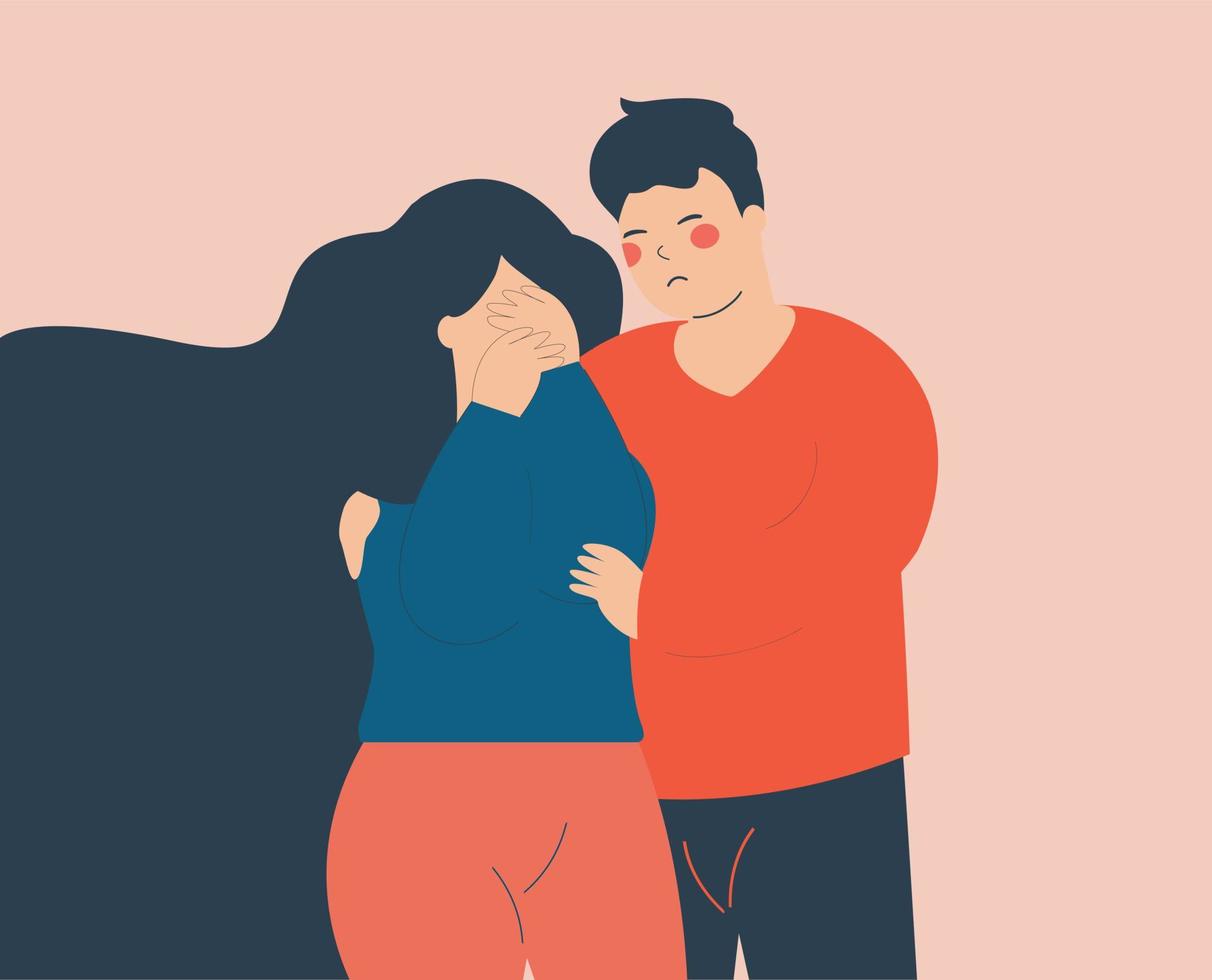 Depressed woman covering face while her husband comforting her. Man consoling and cares about his best friend. Concept of relationships support and couple problems. Vector illustration
